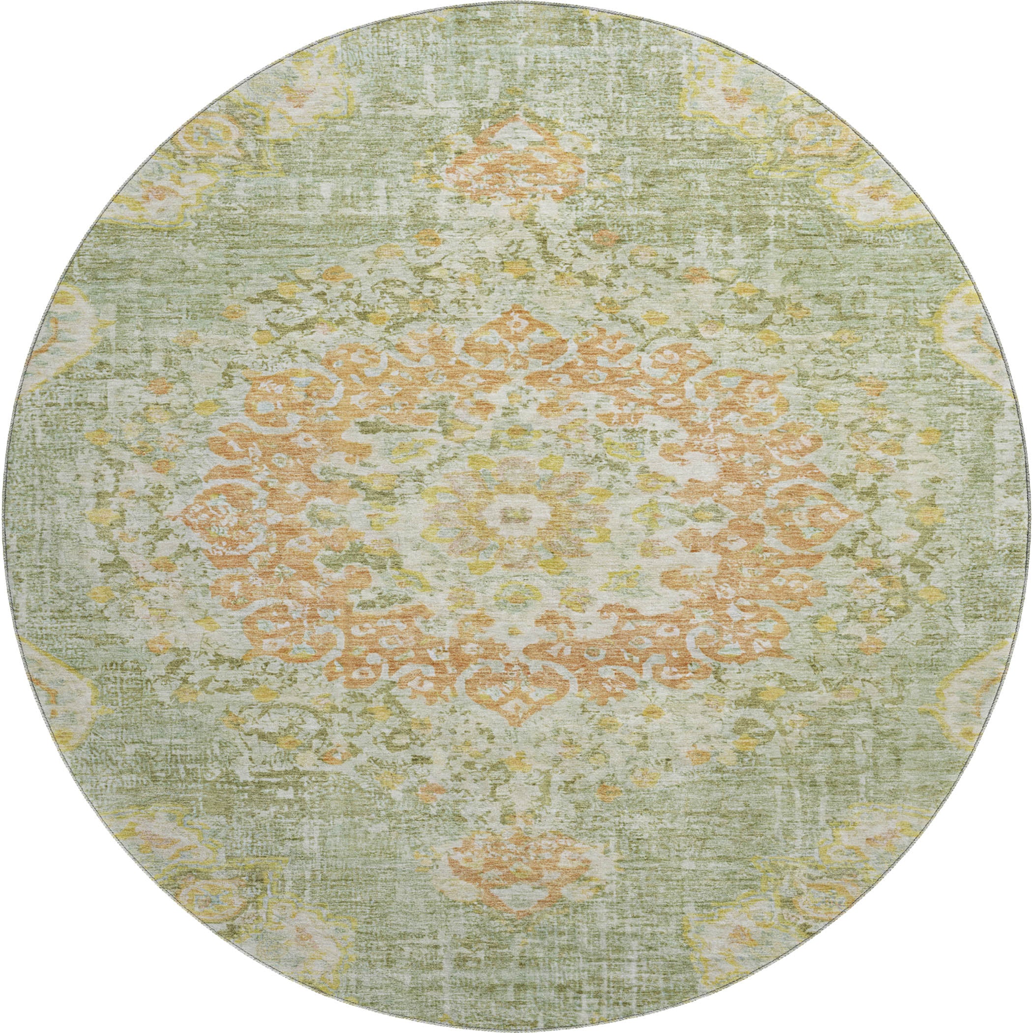 Sarajevo Machine Washable Traditional Aloe Green Rug 8' x 8' #shape_Round
