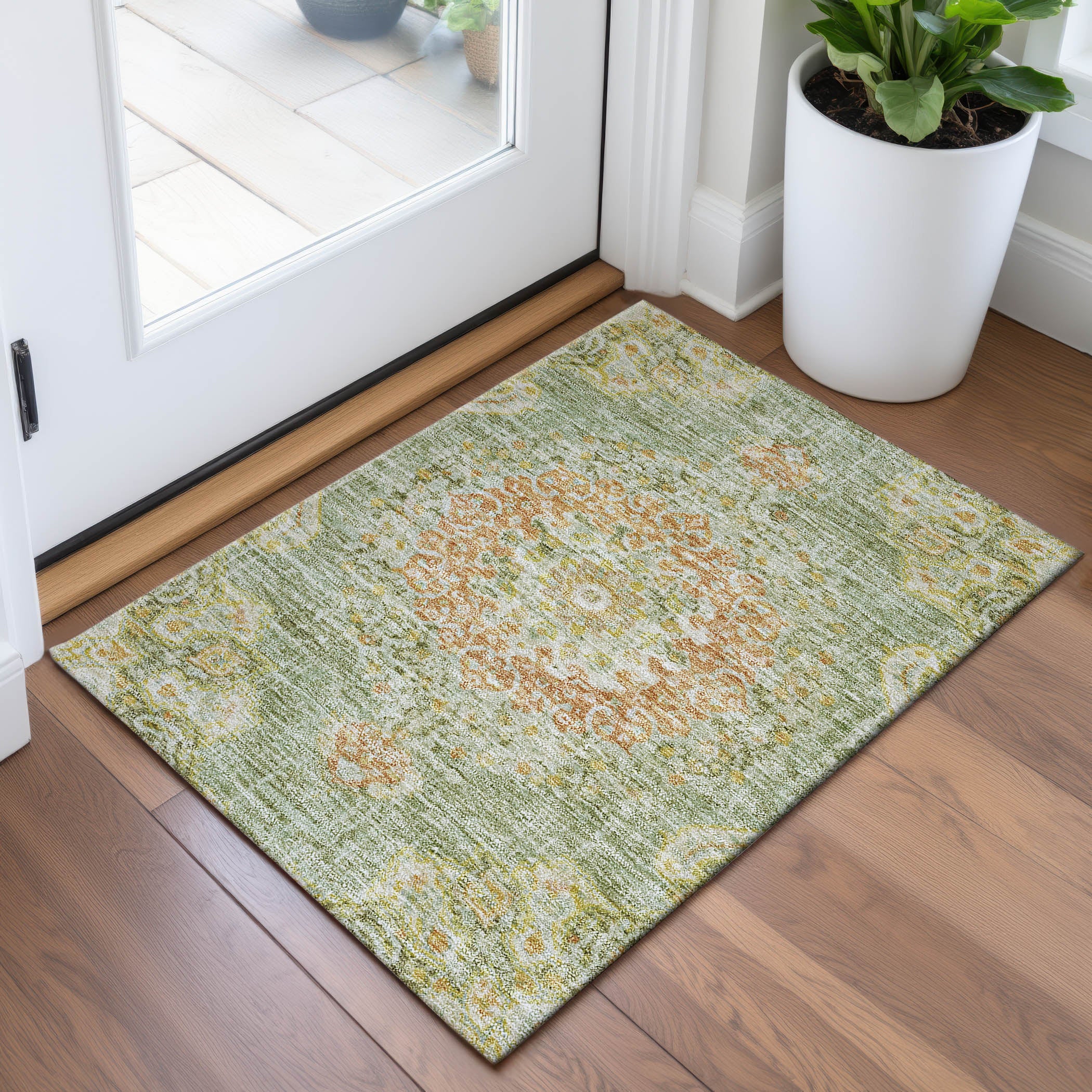 Sarajevo Machine Washable Traditional Aloe Green Rug 1'8" x 2'6" #shape_Rectangle