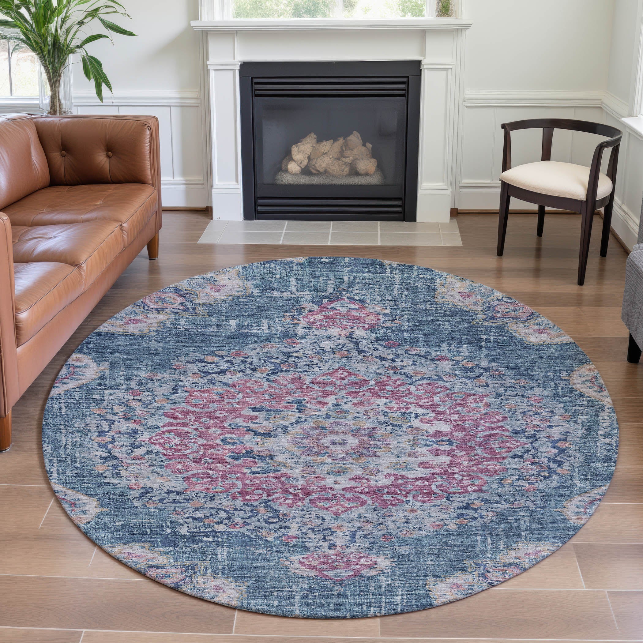 Sarajevo Machine Washable Traditional Blue Rug 8' x 8' #shape_Round
