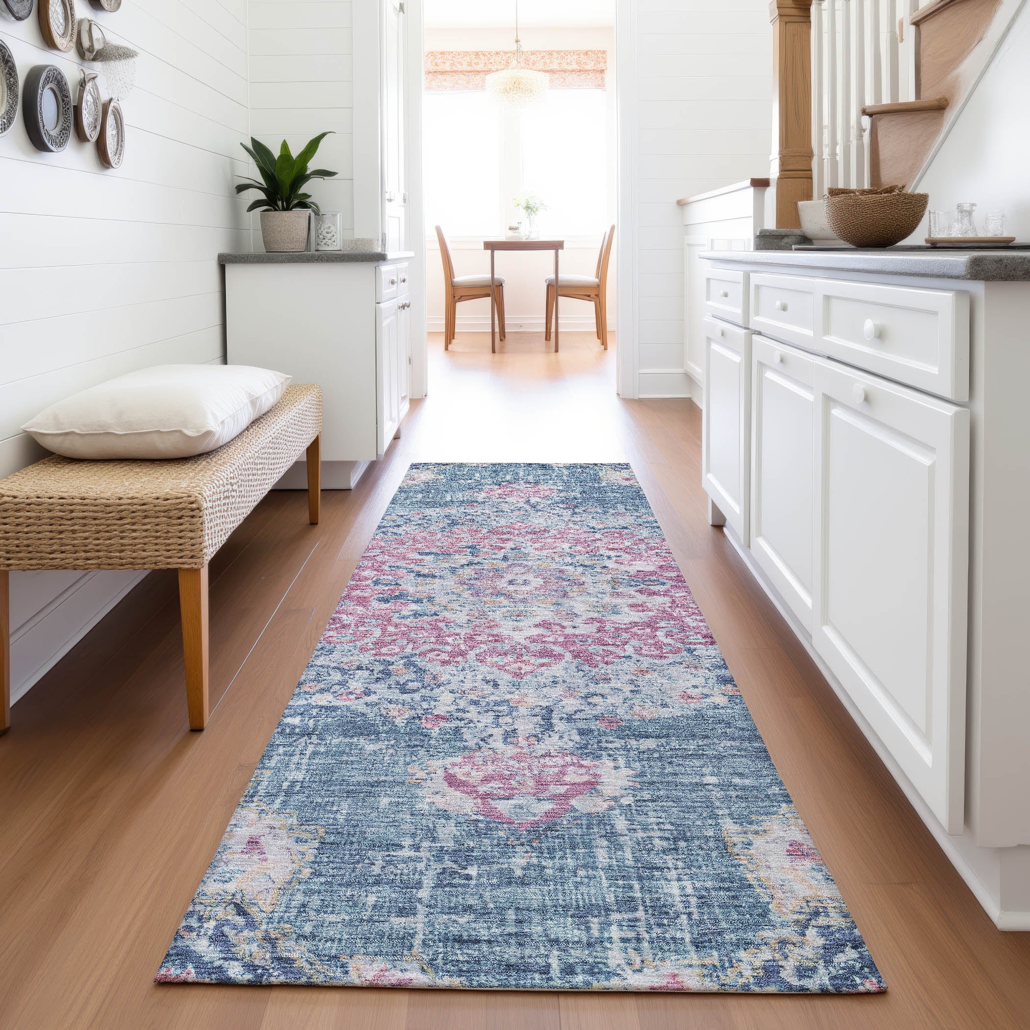 Sarajevo Machine Washable Traditional Blue Rug 2'3" x 7'6" #shape_Runner