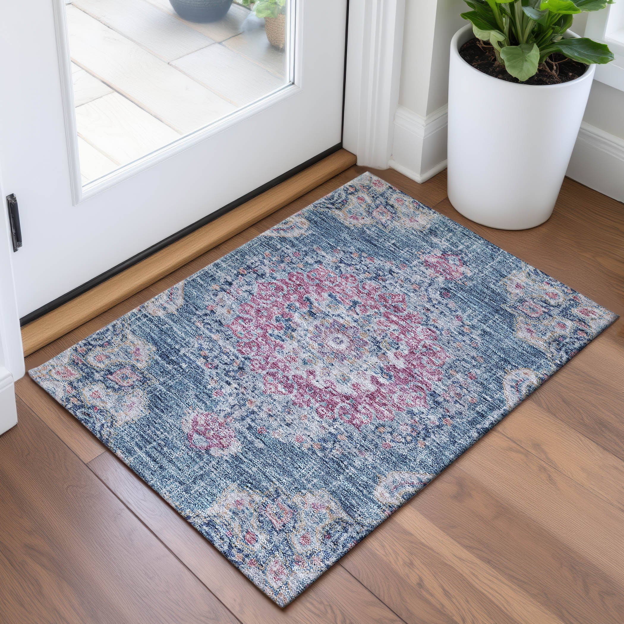 Sarajevo Machine Washable Traditional Blue Rug 1'8" x 2'6" #shape_Rectangle
