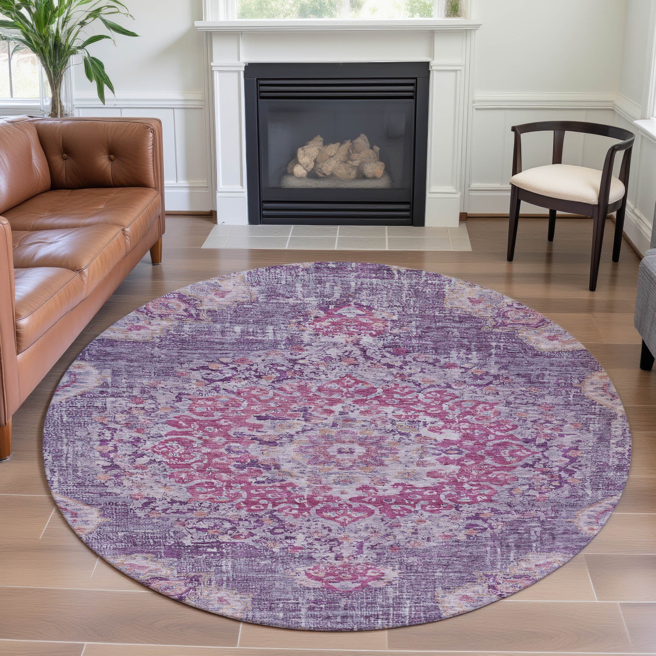 Sarajevo Machine Washable Traditional Purple Rug 8' x 8' #shape_Round