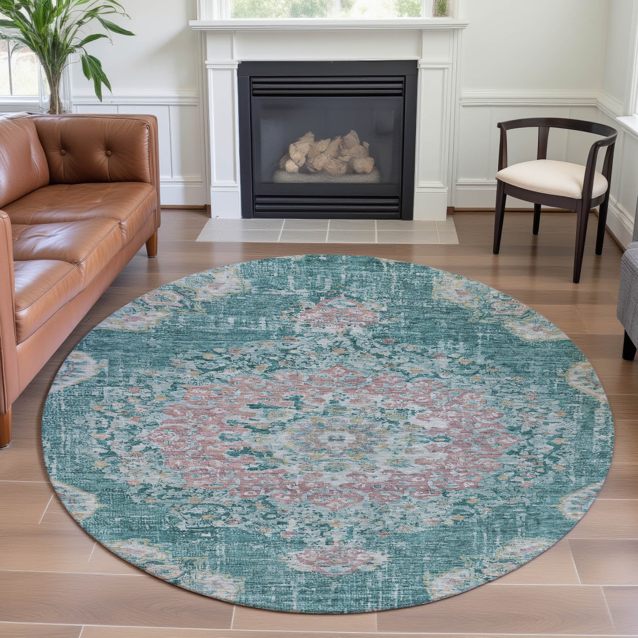 Sarajevo Machine Washable Traditional Teal Rug 8' x 8' #shape_Round