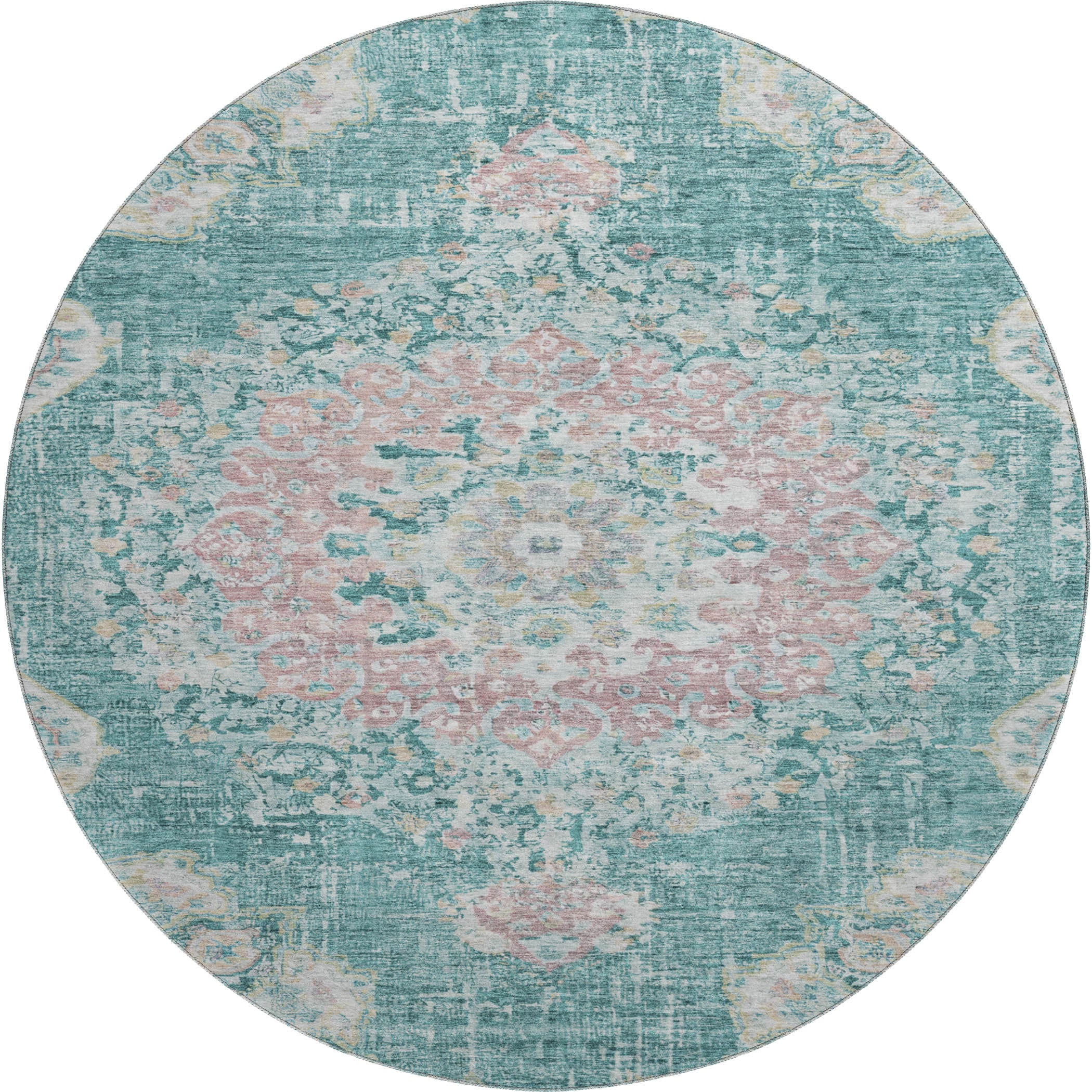 Sarajevo Machine Washable Traditional Teal Rug 8' x 8' #shape_Round