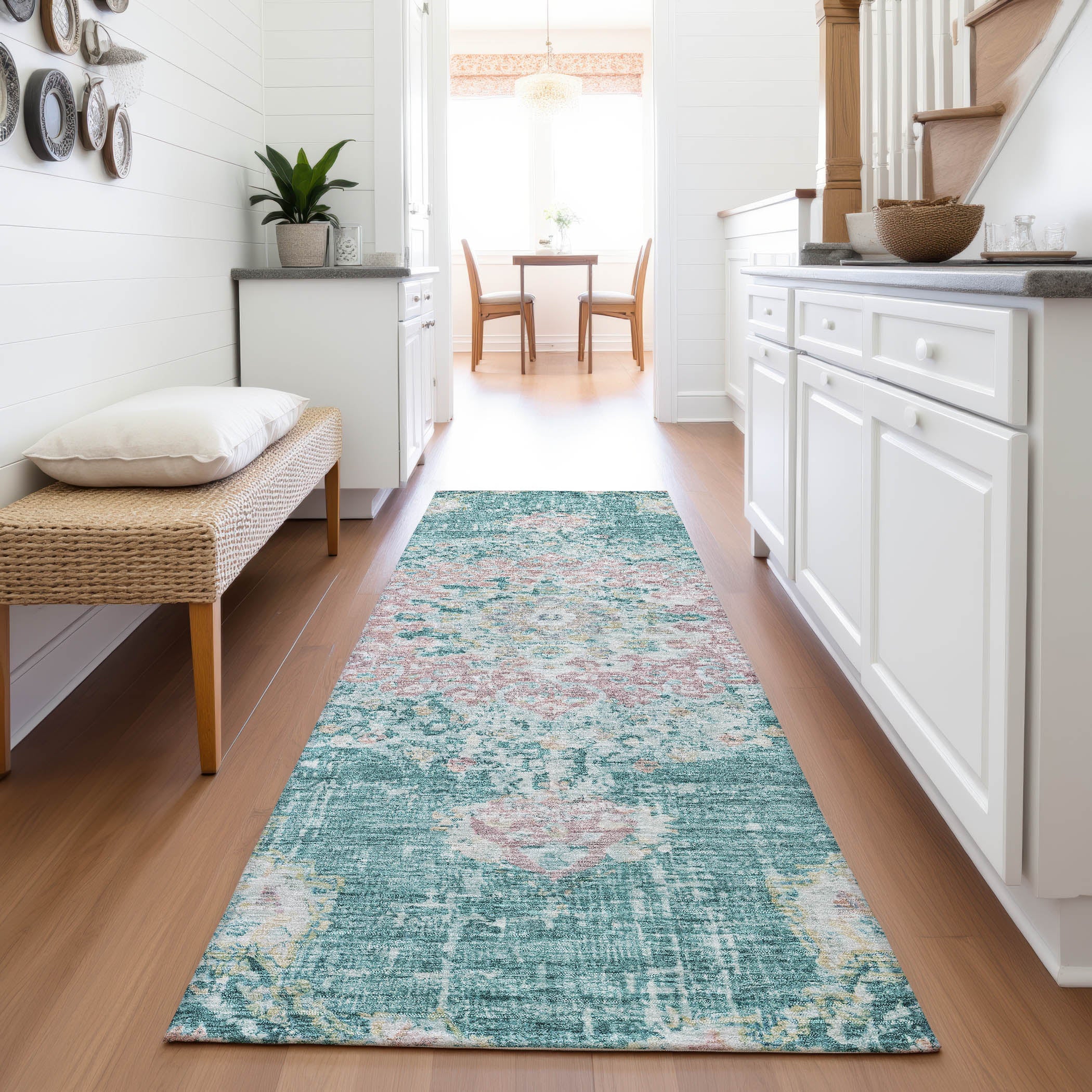 Sarajevo Machine Washable Traditional Teal Rug 2'3" x 7'6" #shape_Runner