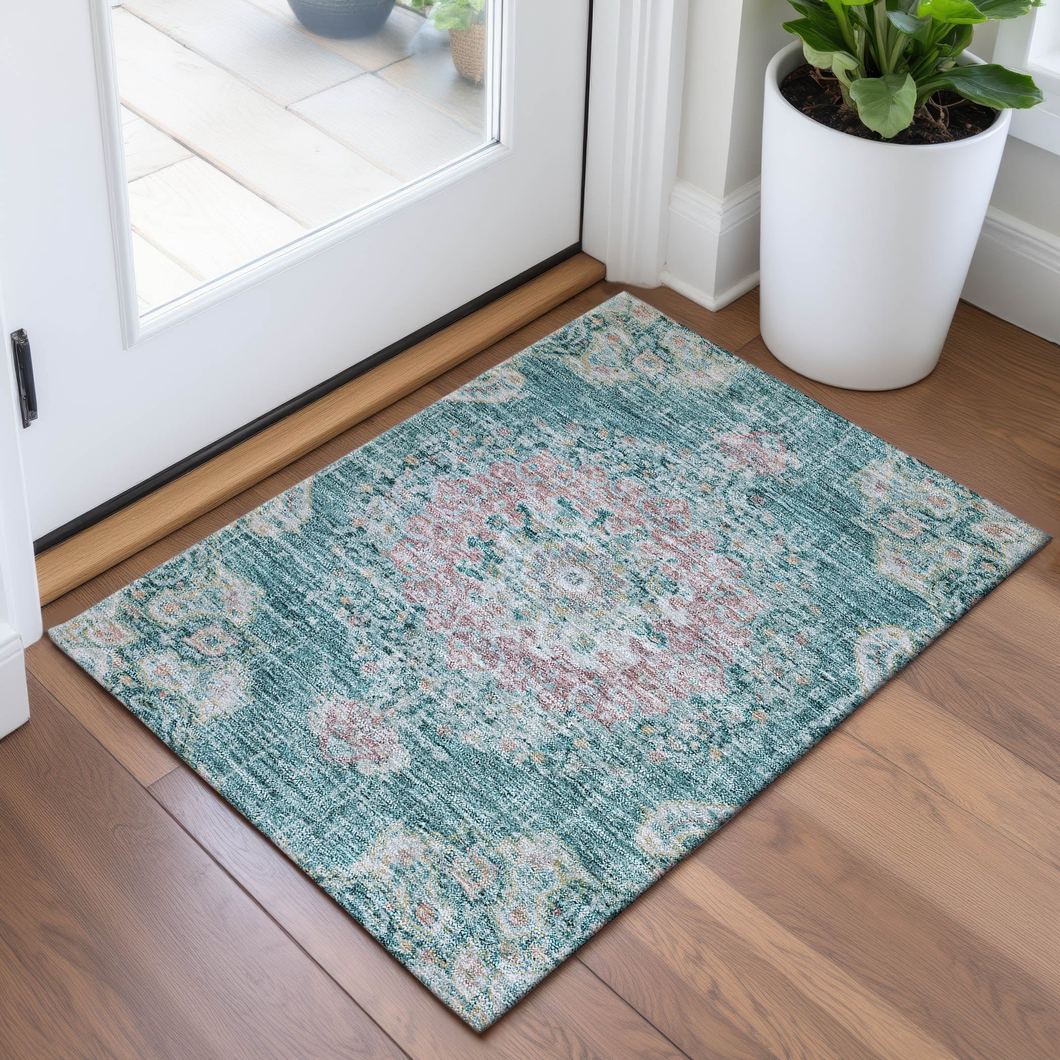 Sarajevo Machine Washable Traditional Teal Rug 1'8" x 2'6" #shape_Rectangle