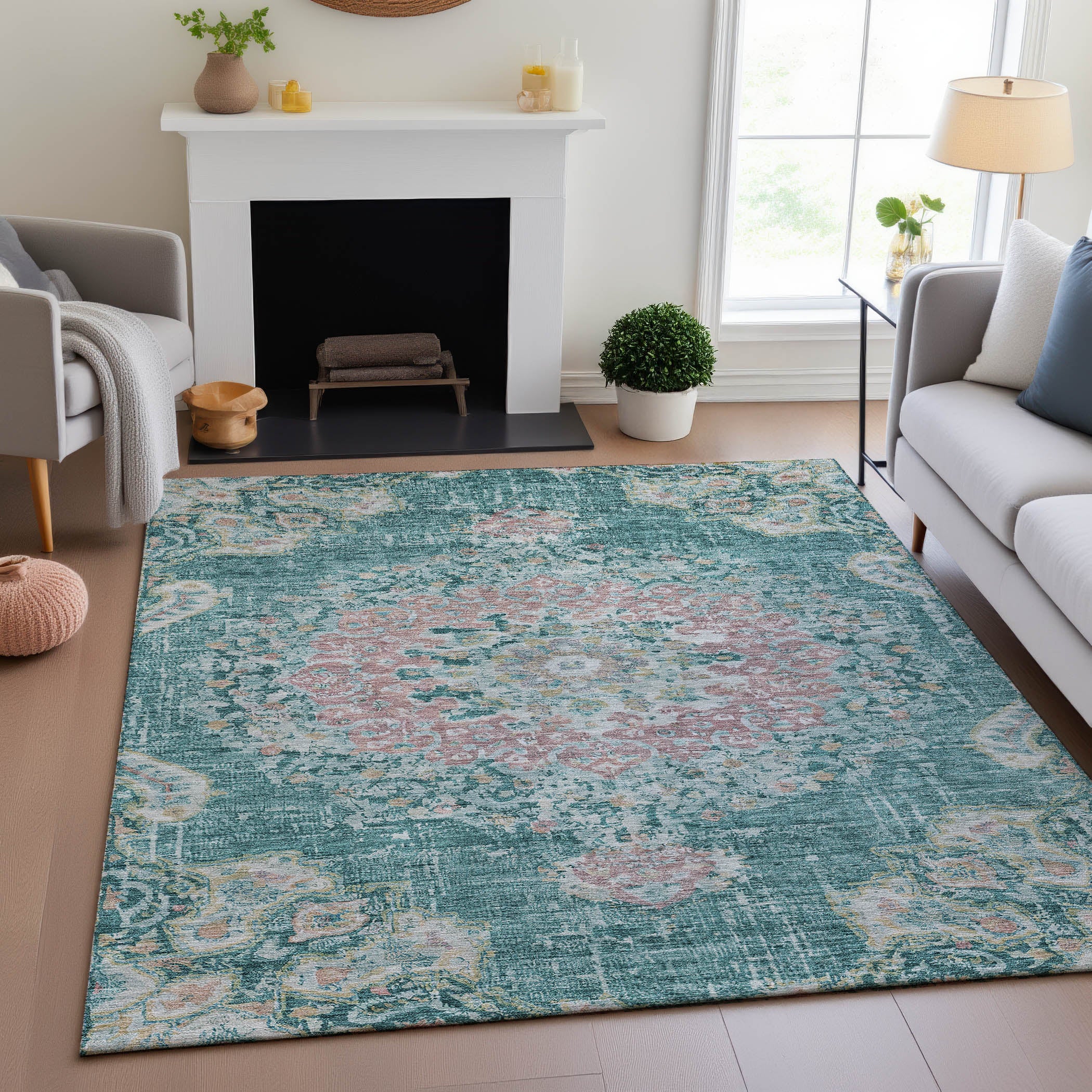 Sarajevo Machine Washable Traditional Teal Rug 2'6" x 3'10" #shape_Rectangle