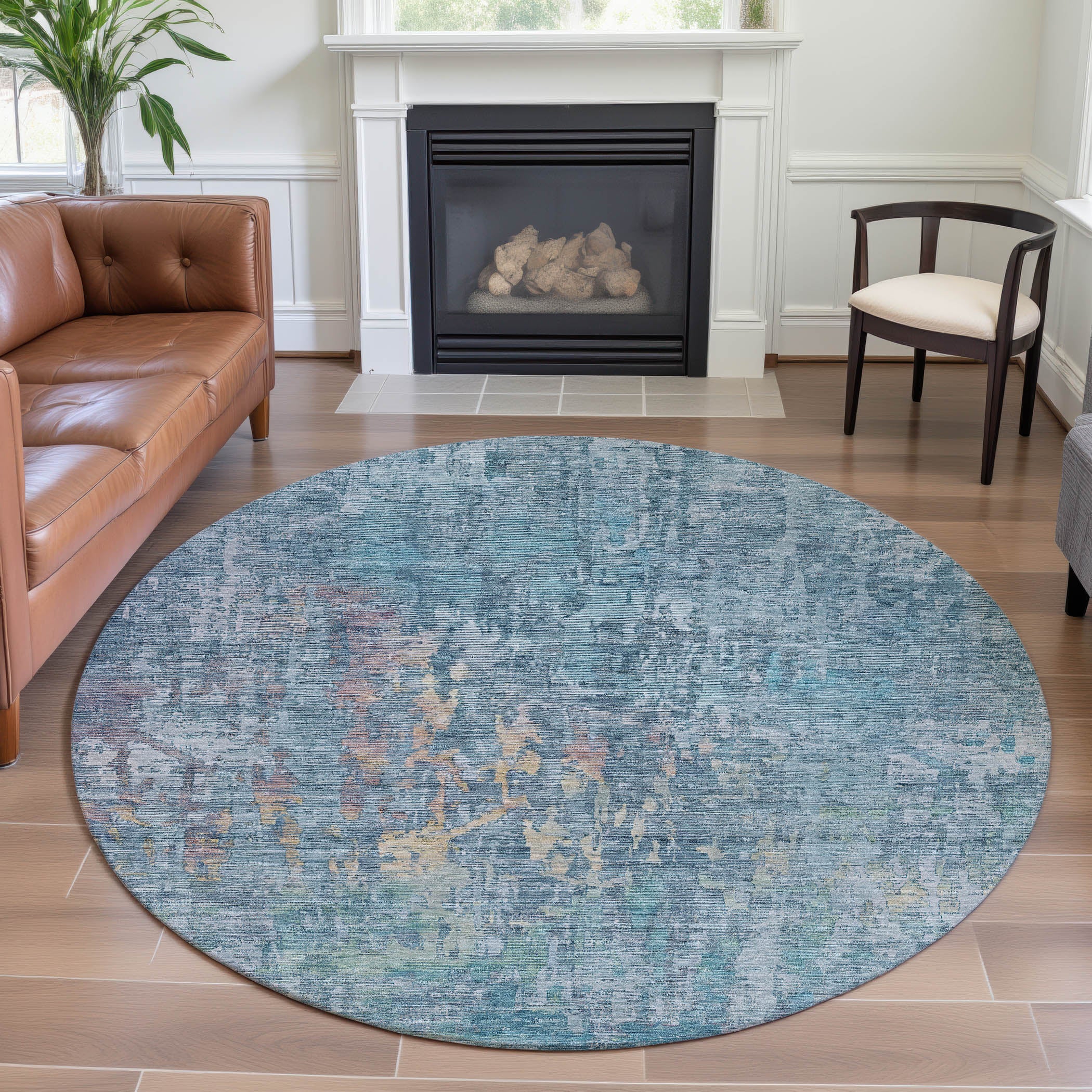 Prague Machine Washable Transitional Blue Rug 8' x 8' #shape_Round