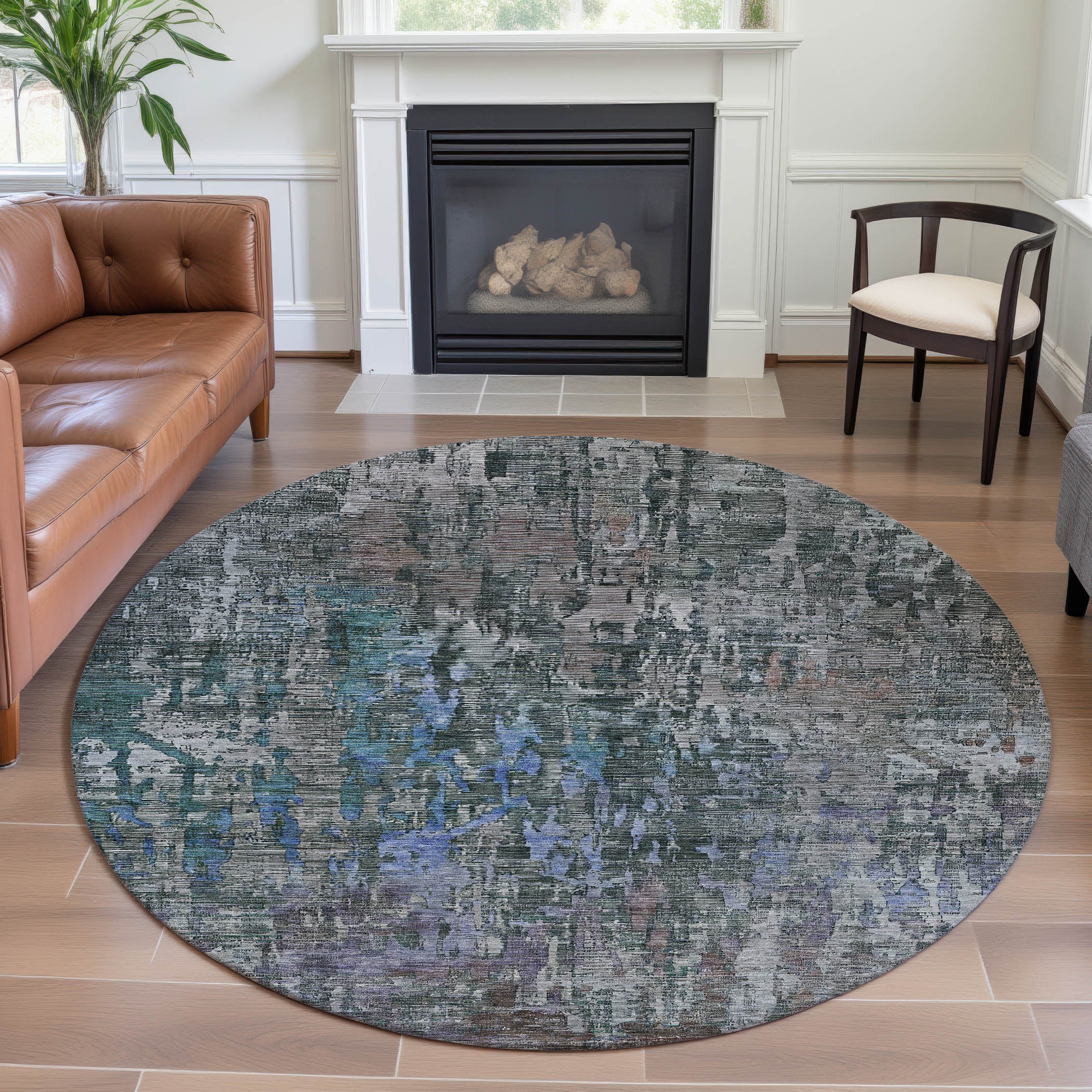 Prague Machine Washable Transitional Fern Green Rug 8' x 8' #shape_Round