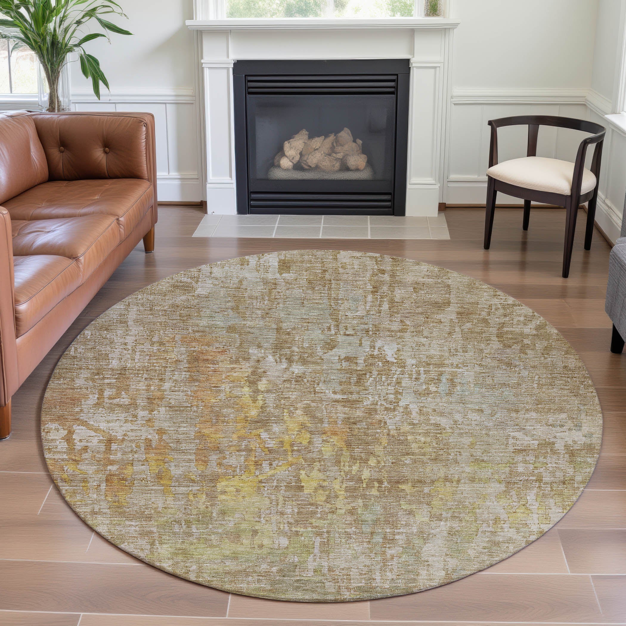 Prague Machine Washable Transitional Khaki Brown Rug 8' x 8' #shape_Round