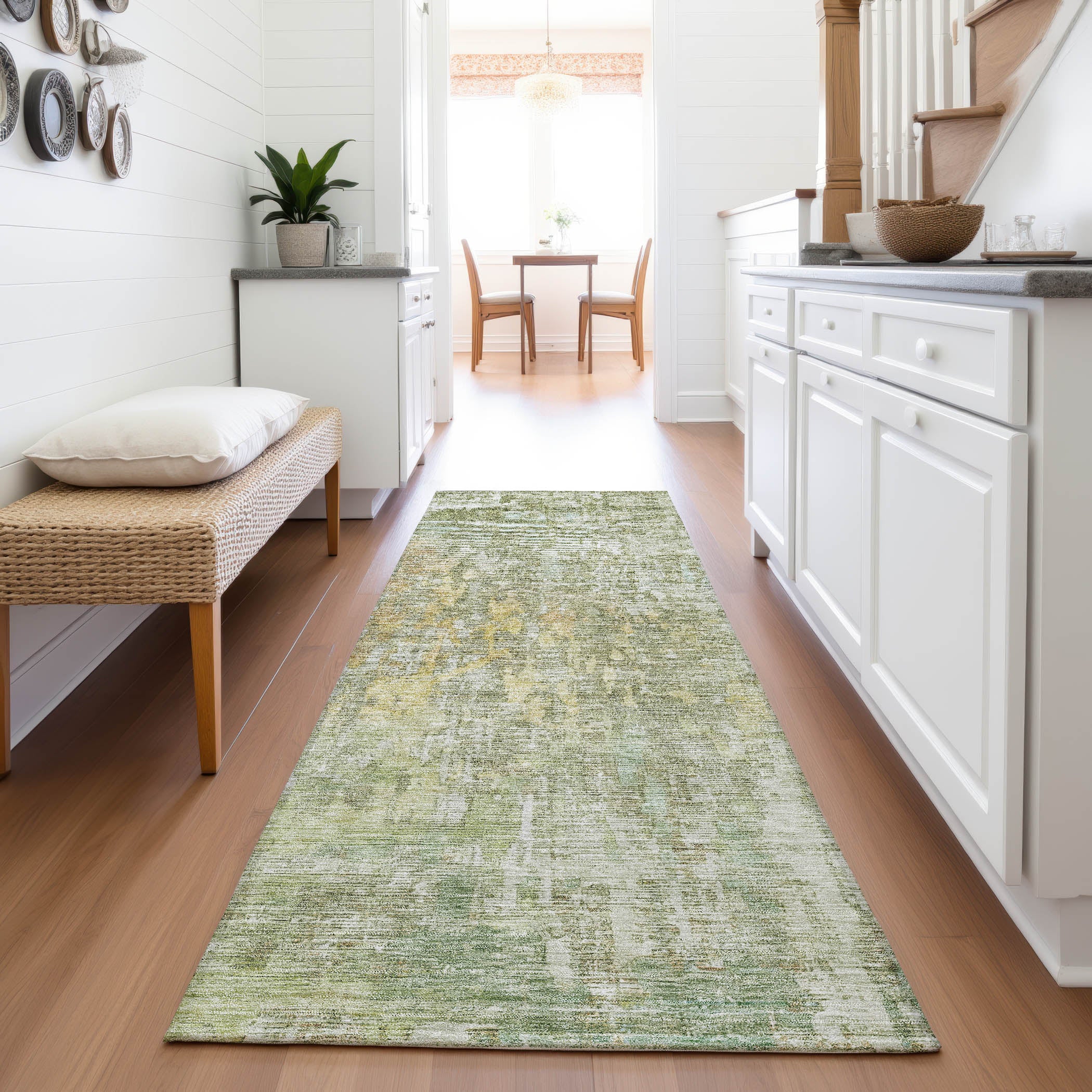 Prague Machine Washable Transitional Sage Green Rug 2'3" x 7'6" #shape_Runner