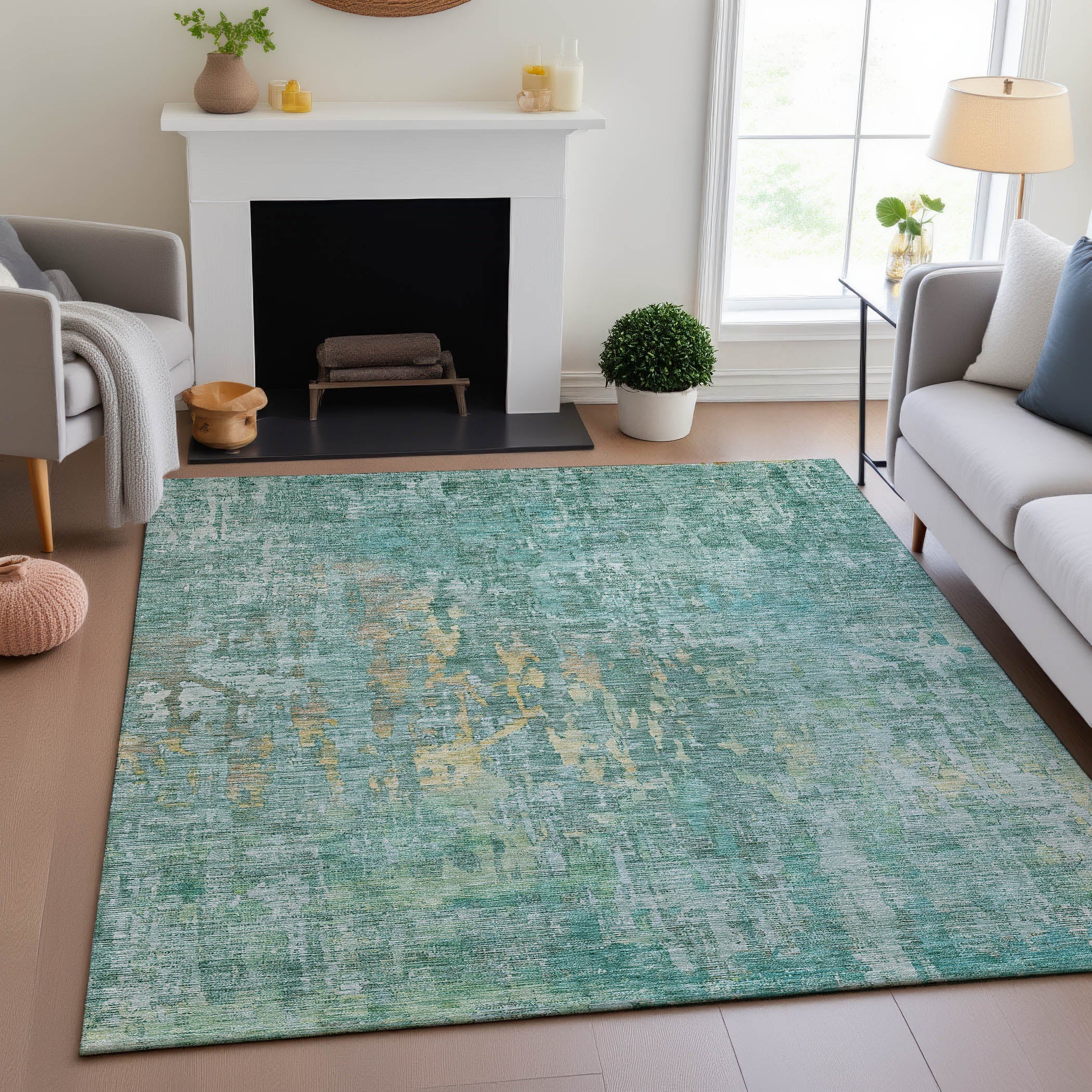 Prague Machine Washable Transitional Teal Rug 2'6" x 3'10" #shape_Rectangle