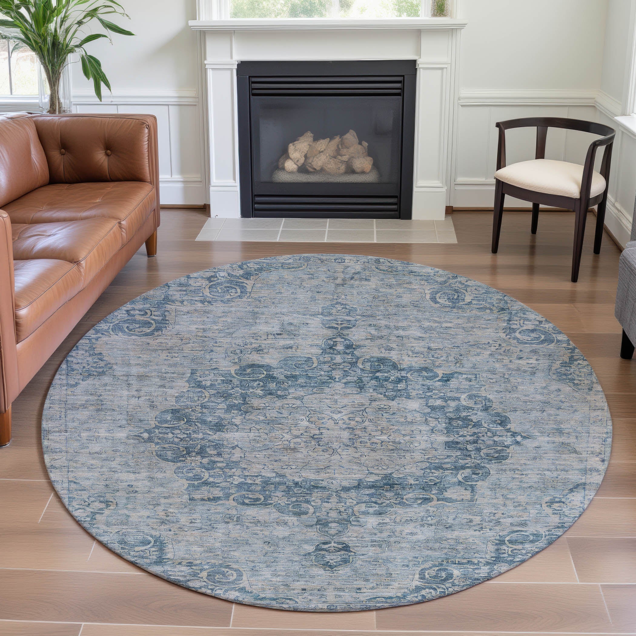 Baku Machine Washable Traditional Blue Rug 8' x 8' #shape_Round