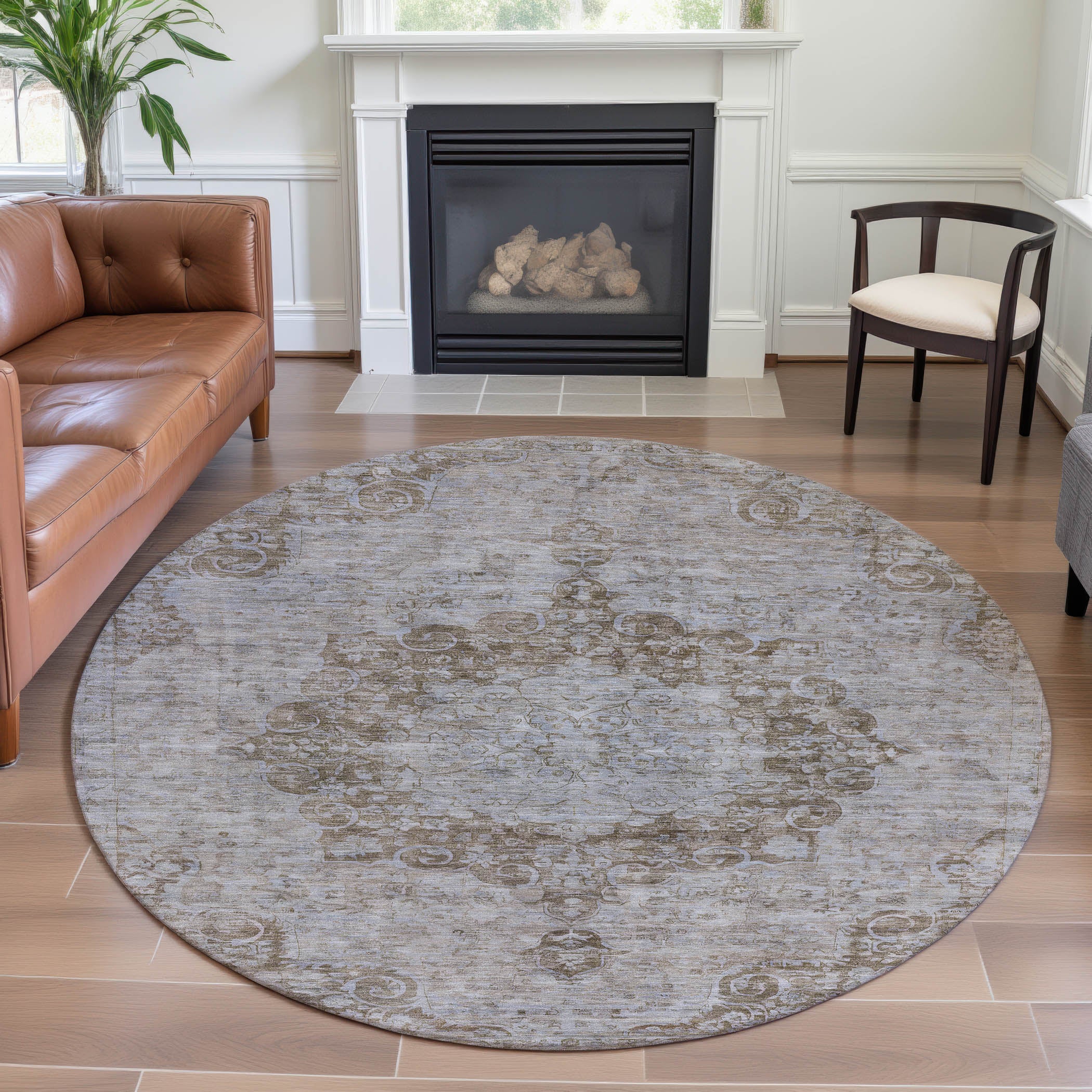 Baku Machine Washable Traditional Chocolate Brown Rug 8' x 8' #shape_Round