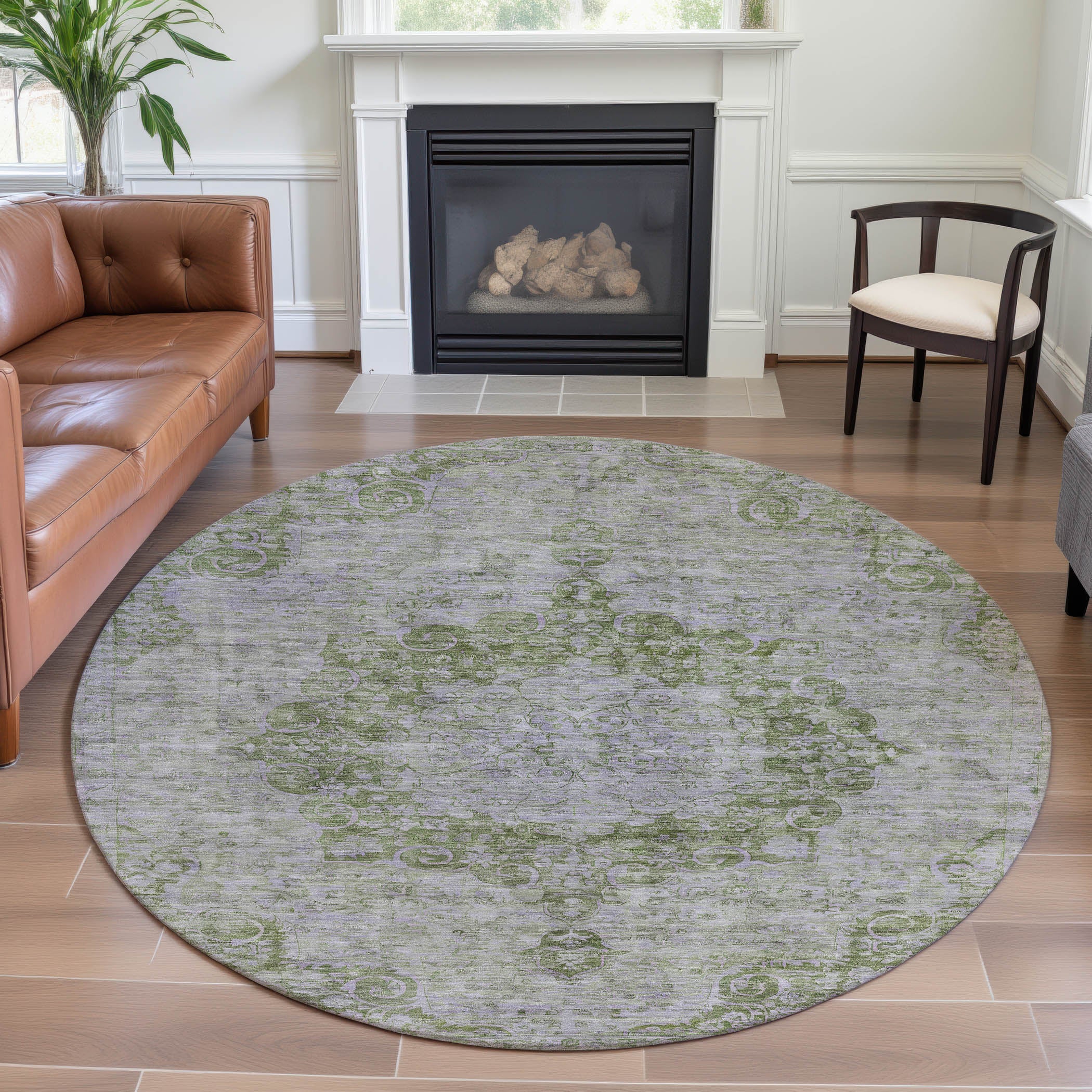 Baku Machine Washable Traditional Olive Green Rug 8' x 8' #shape_Round