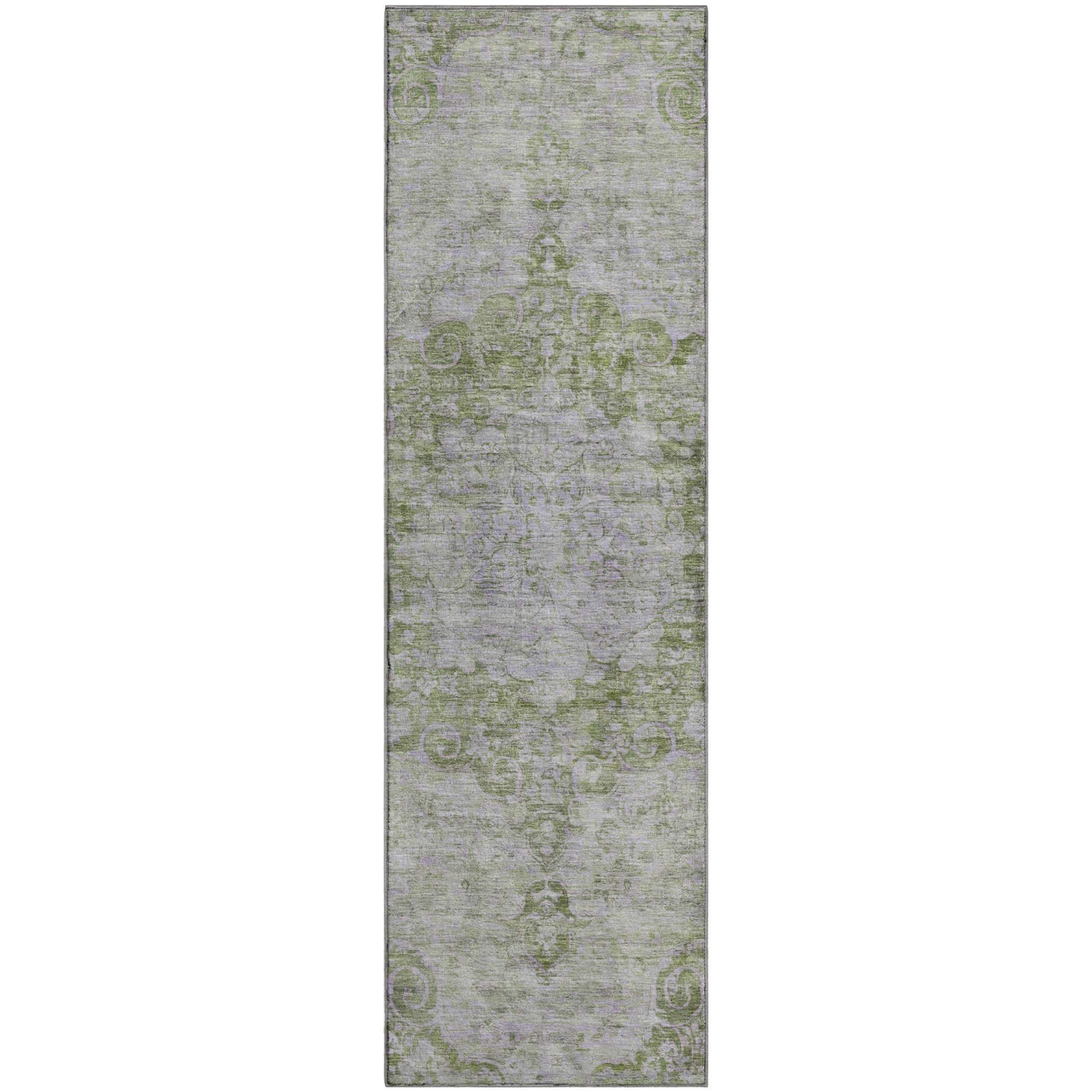 Baku Machine Washable Traditional Olive Green Rug 2'3" x 7'6" #shape_Runner