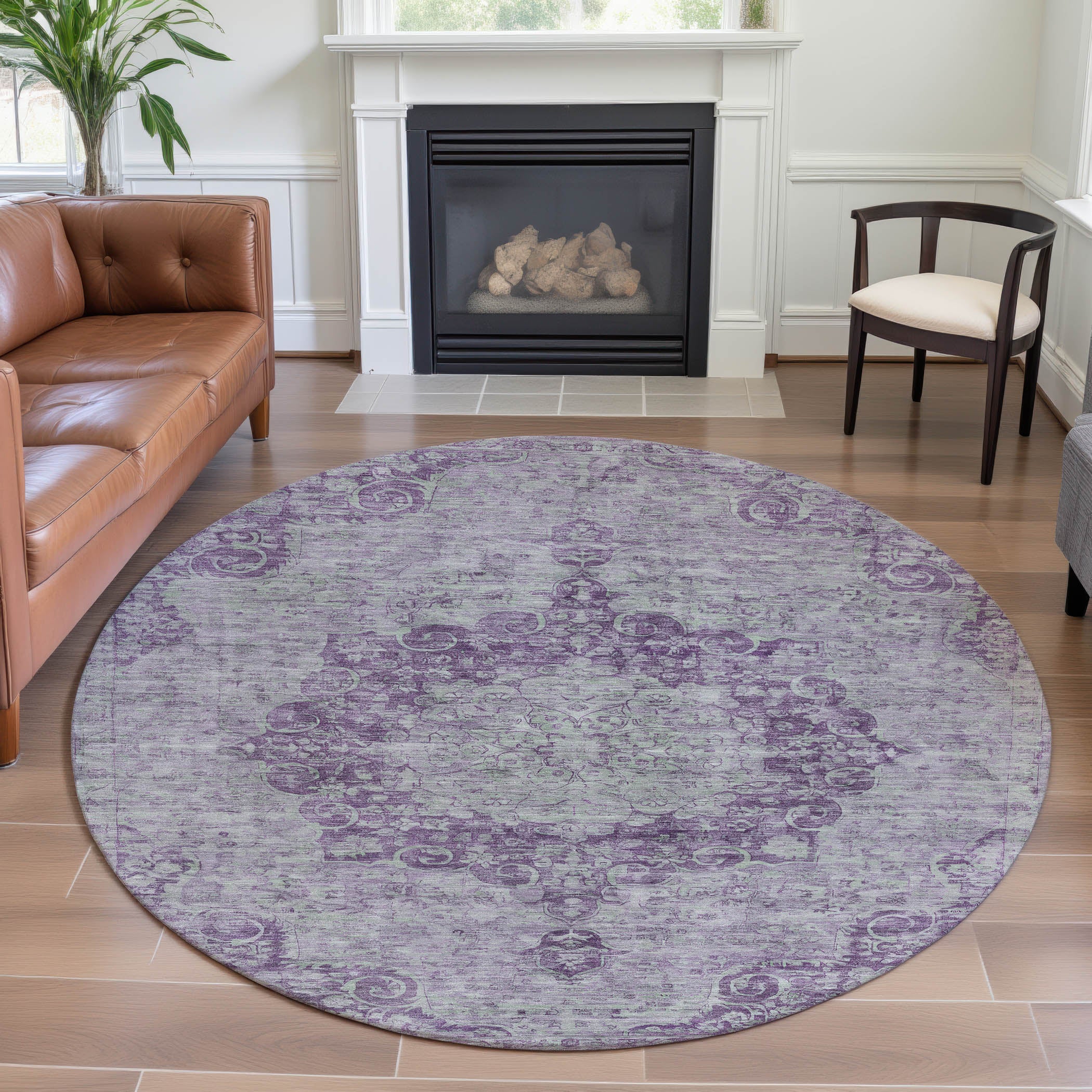 Baku Machine Washable Traditional Purple Rug 8' x 8' #shape_Round