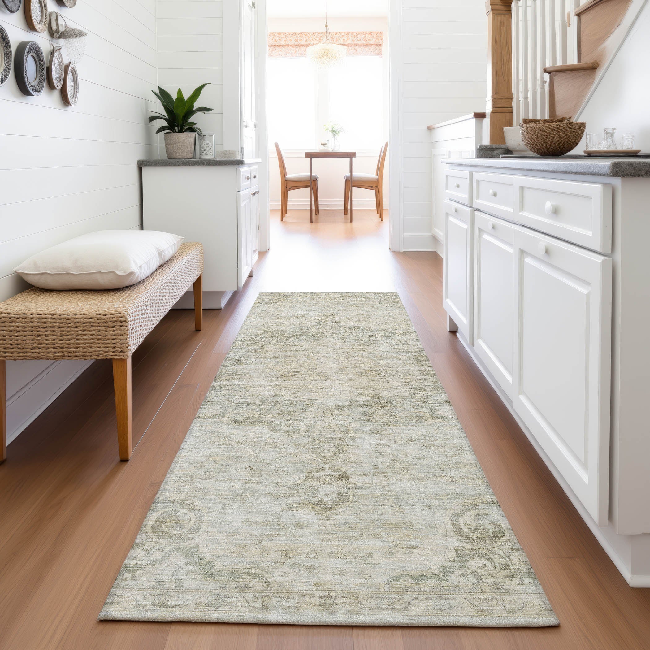 Baku Machine Washable Traditional Sage Green Rug 2'3" x 7'6" #shape_Runner