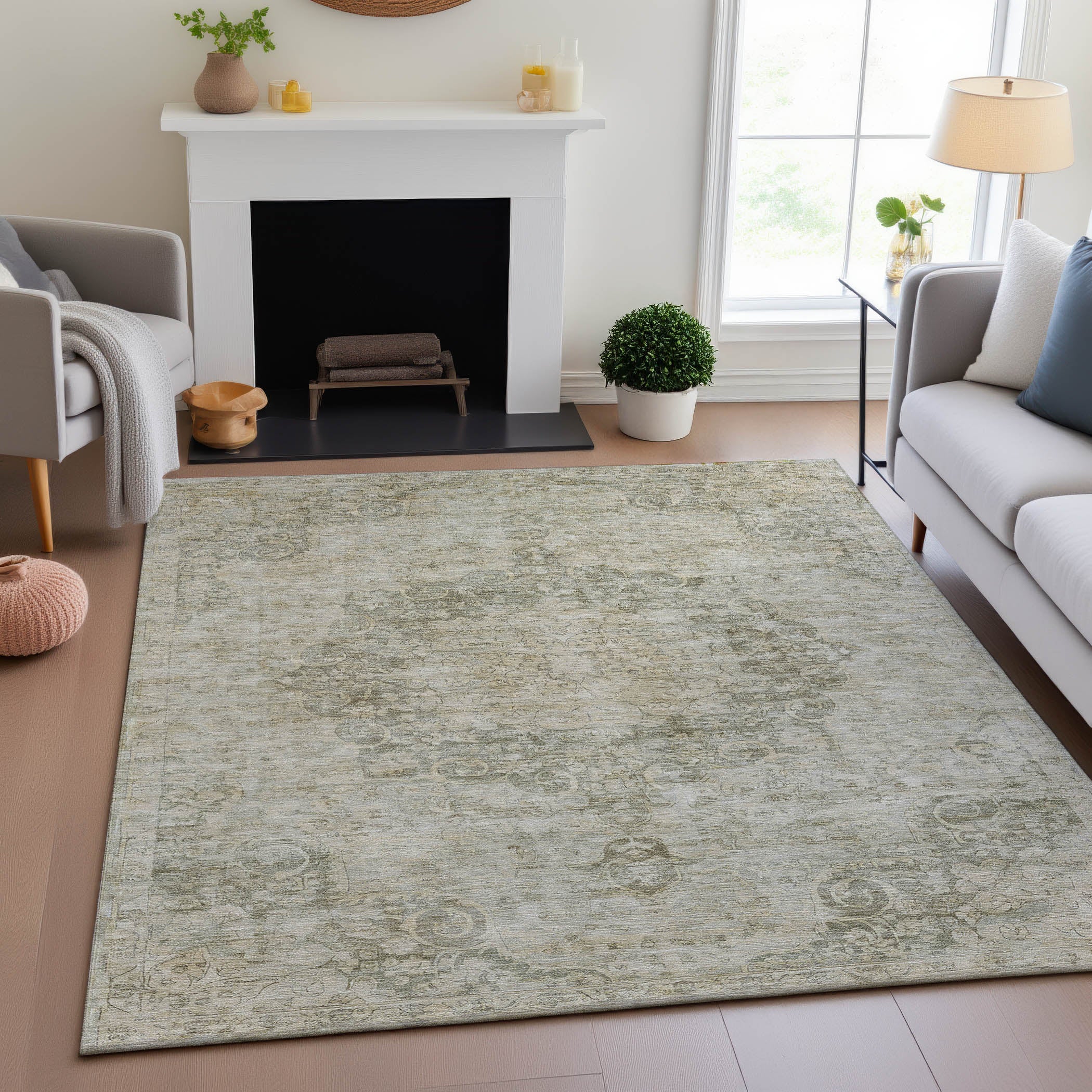 Baku Machine Washable Traditional Sage Green Rug 2'6" x 3'10" #shape_Rectangle