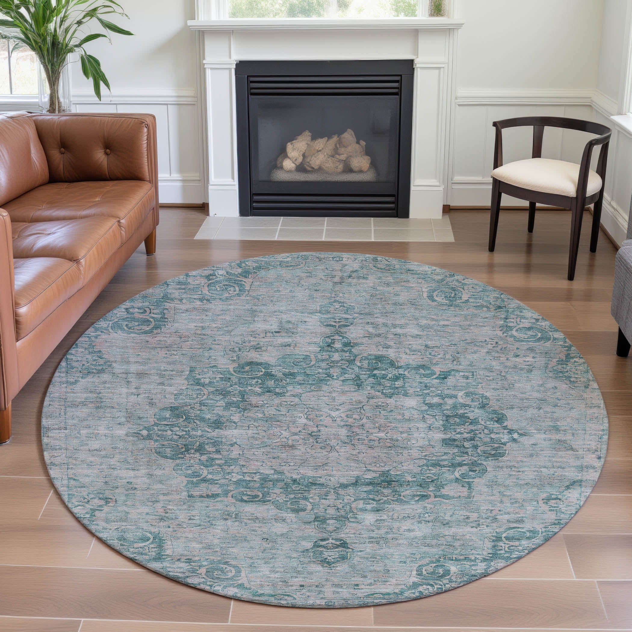 Baku Machine Washable Traditional Teal Rug 8' x 8' #shape_Round