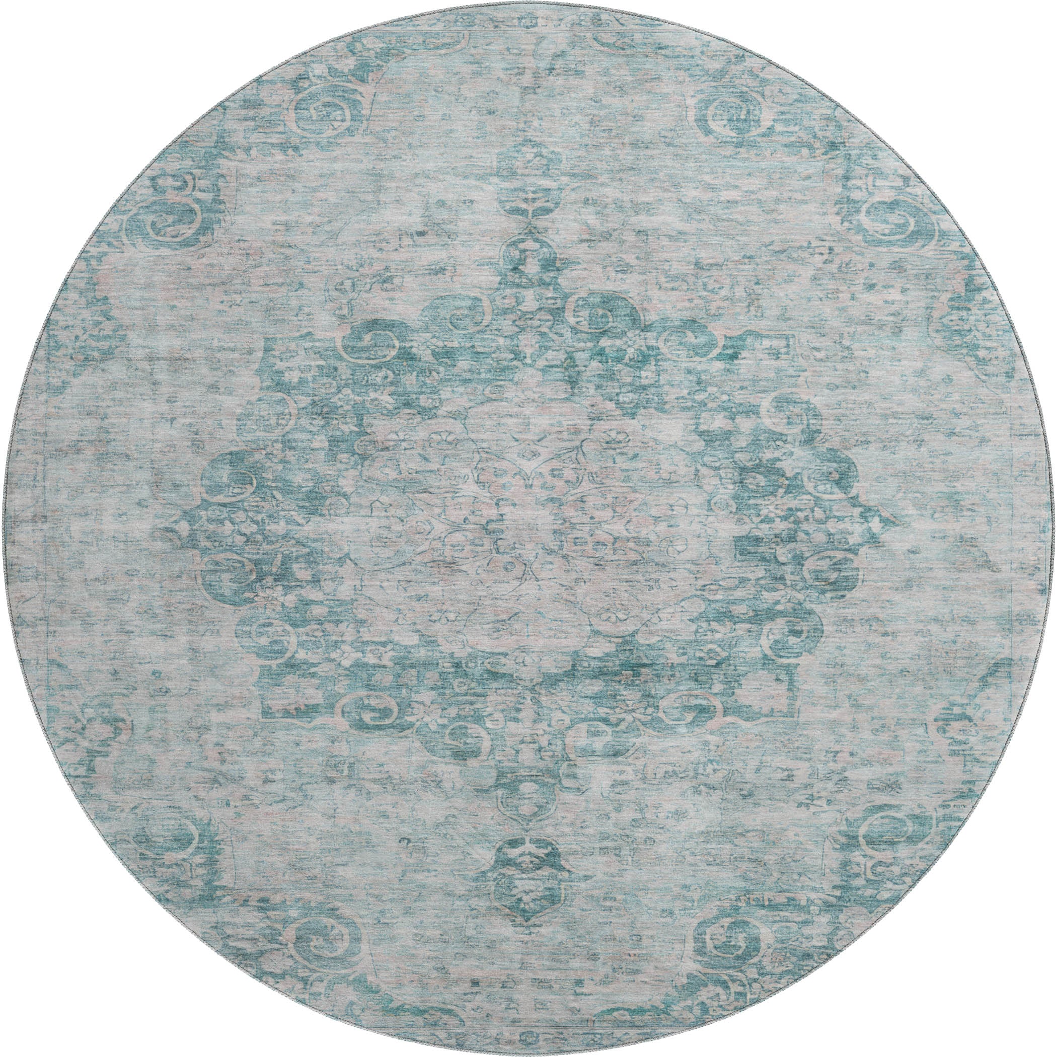 Baku Machine Washable Traditional Teal Rug 8' x 8' #shape_Round