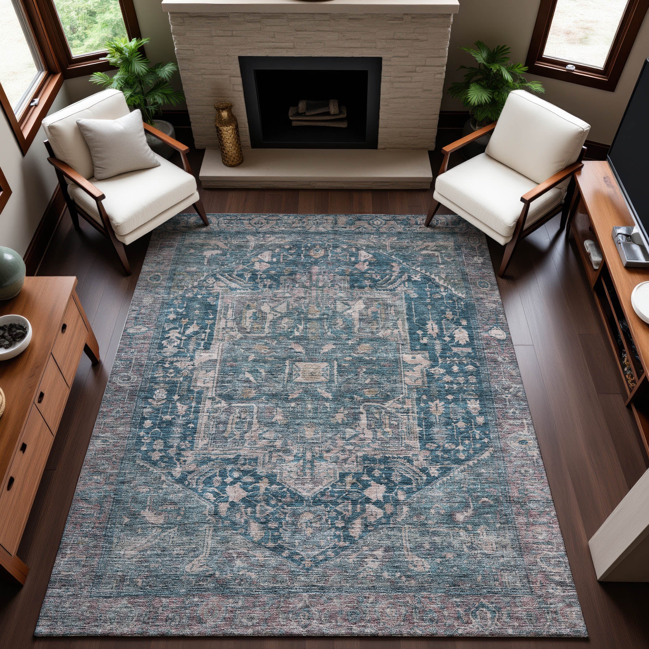 Reykjavik Machine Washable Traditional Blue Rug 2'6" x 3'10" #shape_Rectangle