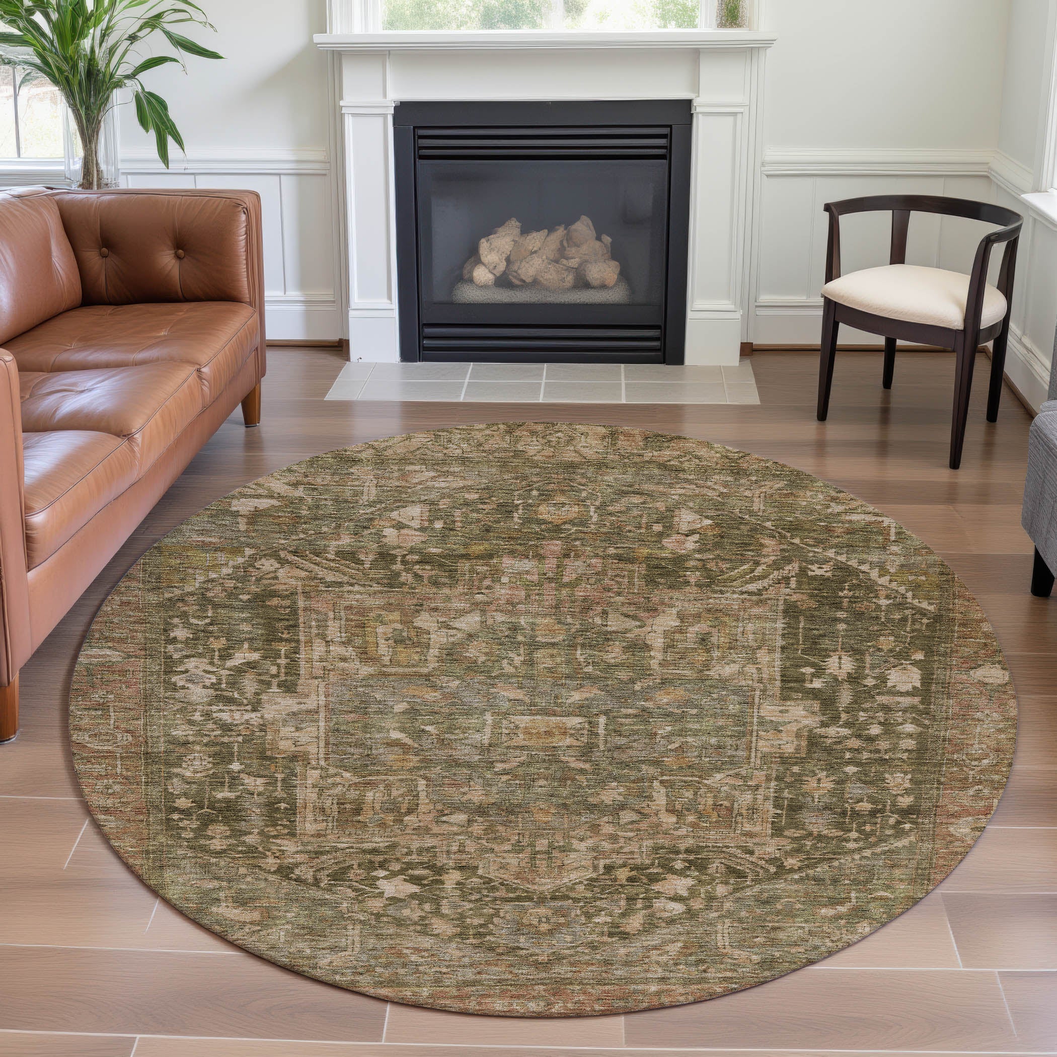 Reykjavik Machine Washable Traditional Fern Green Rug 8' x 8' #shape_Round