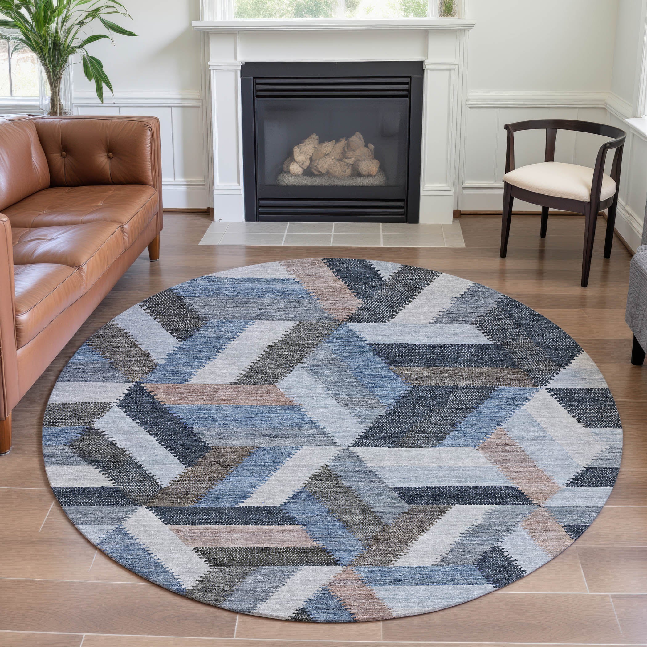 Seville Machine Washable Transitional Blue Rug 8' x 8' #shape_Round