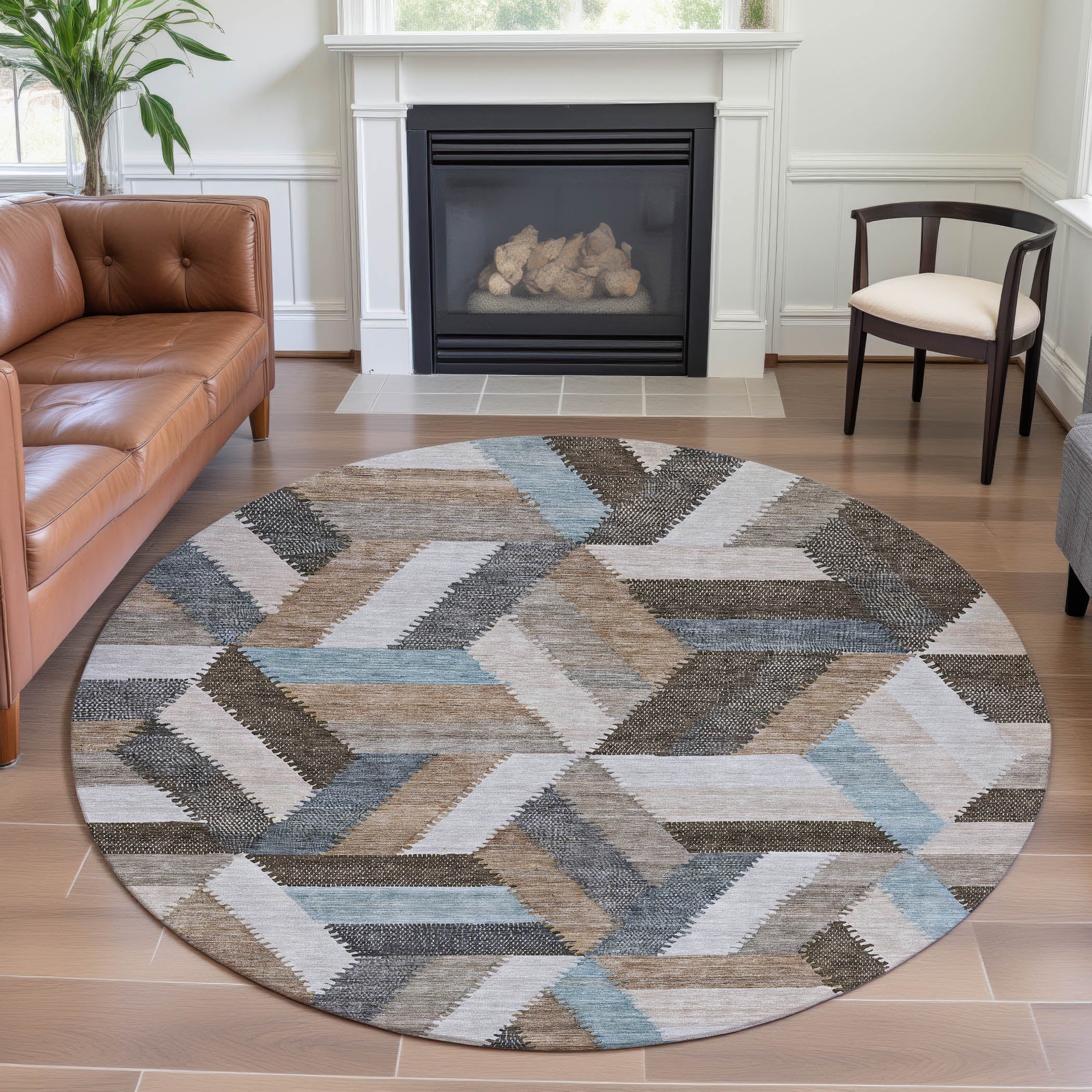 Seville Machine Washable Transitional Brown Rug 8' x 8' #shape_Round