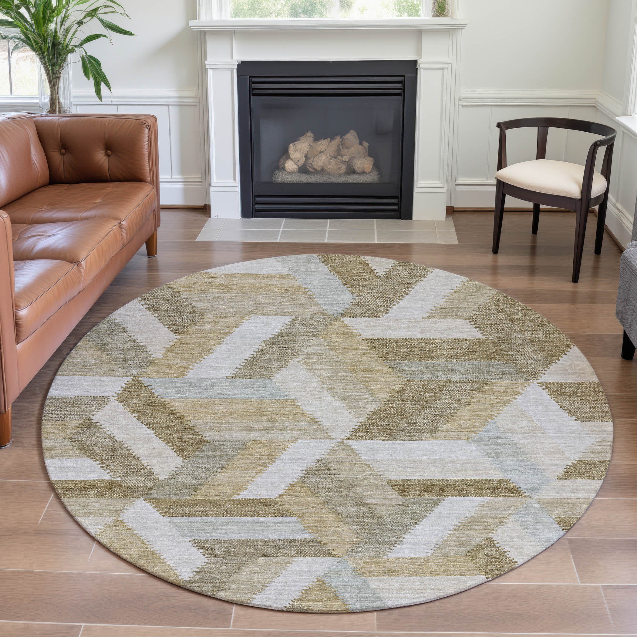 Seville Machine Washable Transitional Tan Brown Rug 8' x 8' #shape_Round