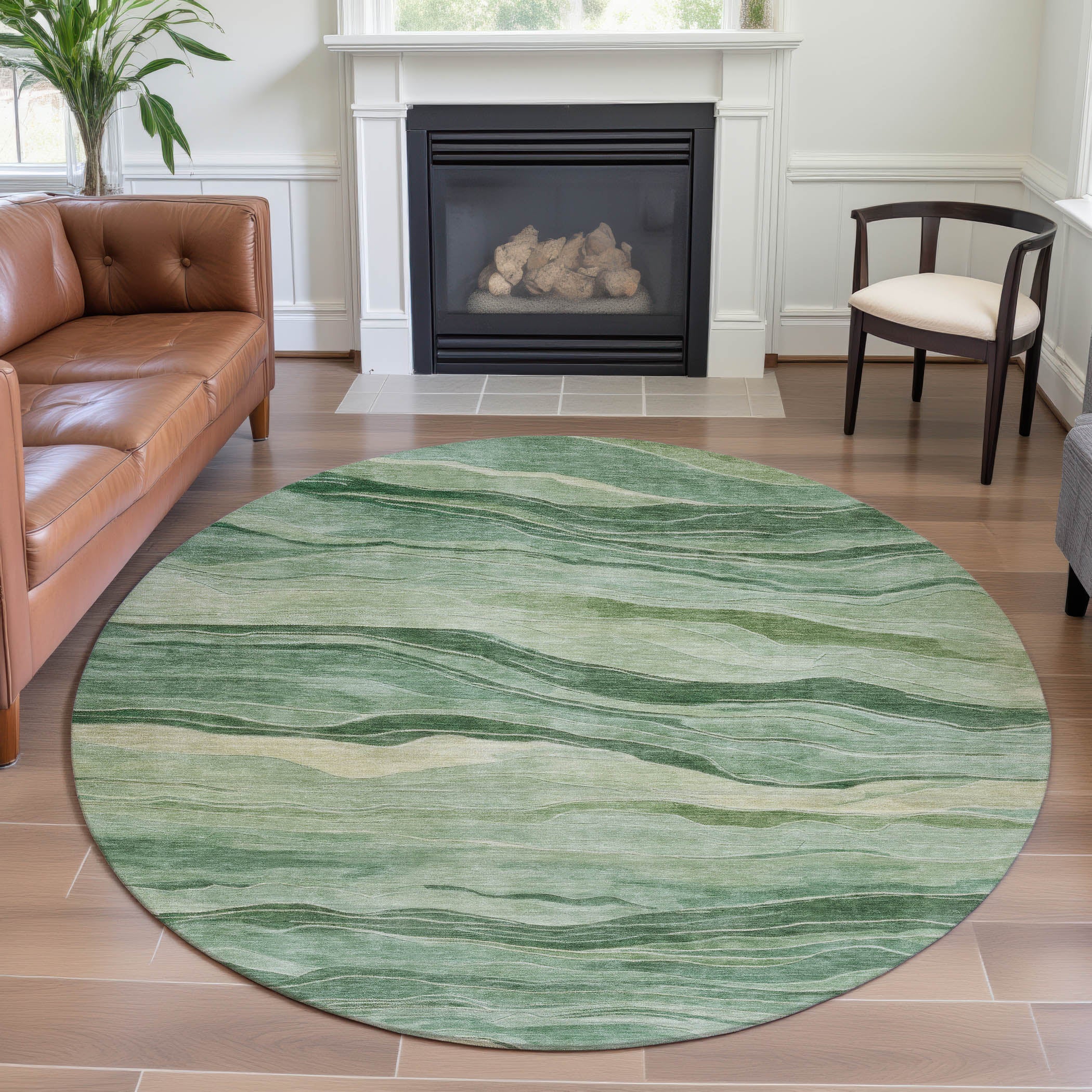 Antigua Machine Washable Transitional Green Rug 8' x 8' #shape_Round