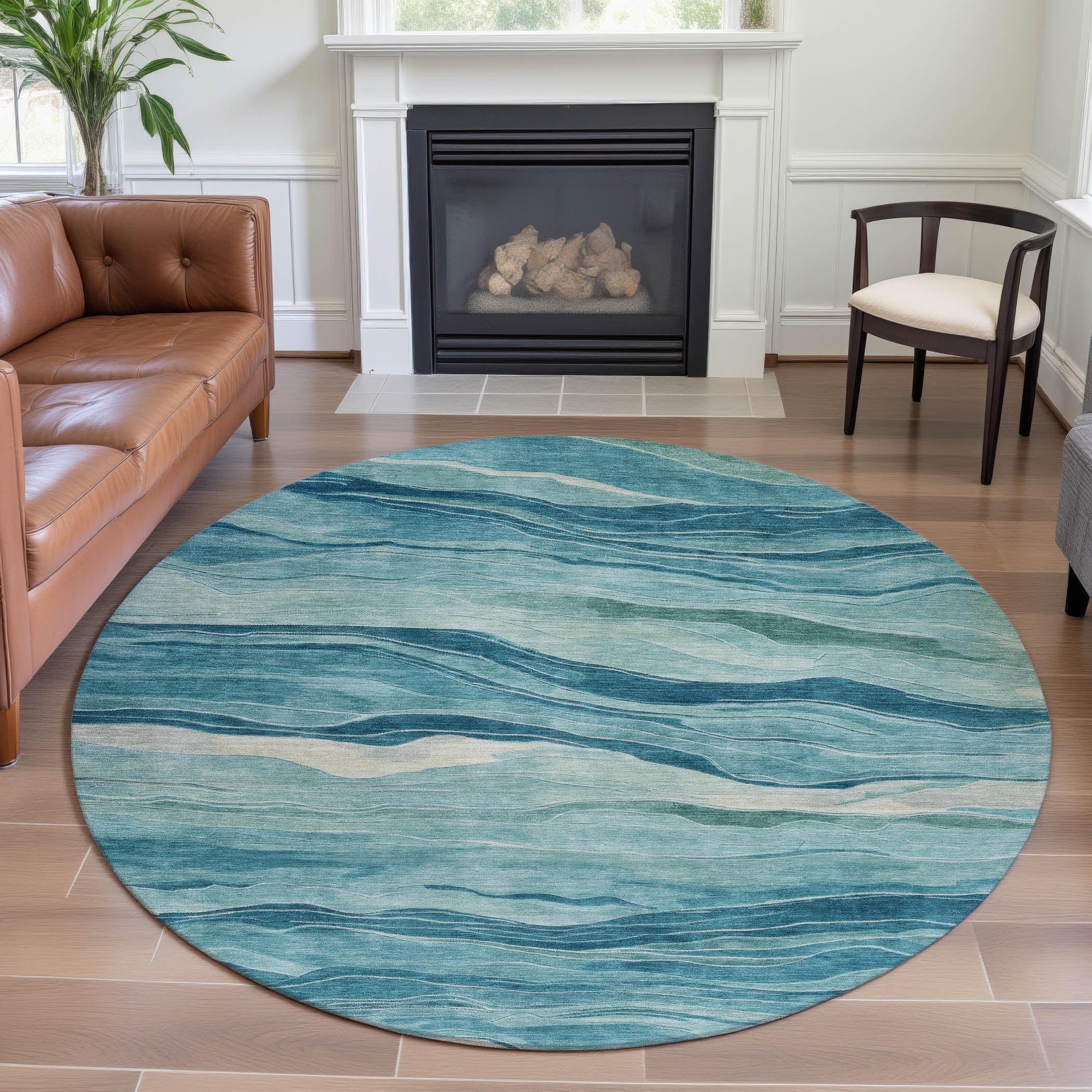 Antigua Machine Washable Transitional Turquoise Teal Rug 8' x 8' #shape_Round