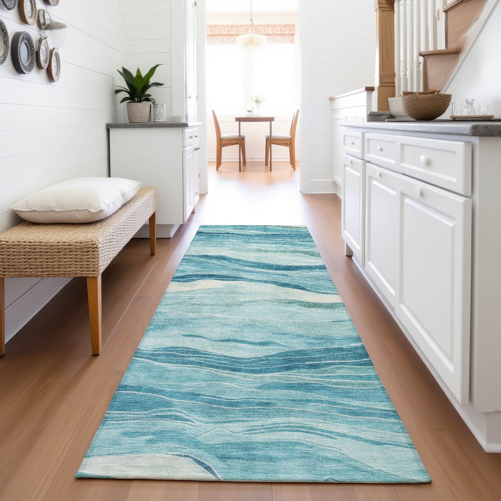 Antigua Machine Washable Transitional Turquoise Teal Rug 2'3" x 7'6" #shape_Runner