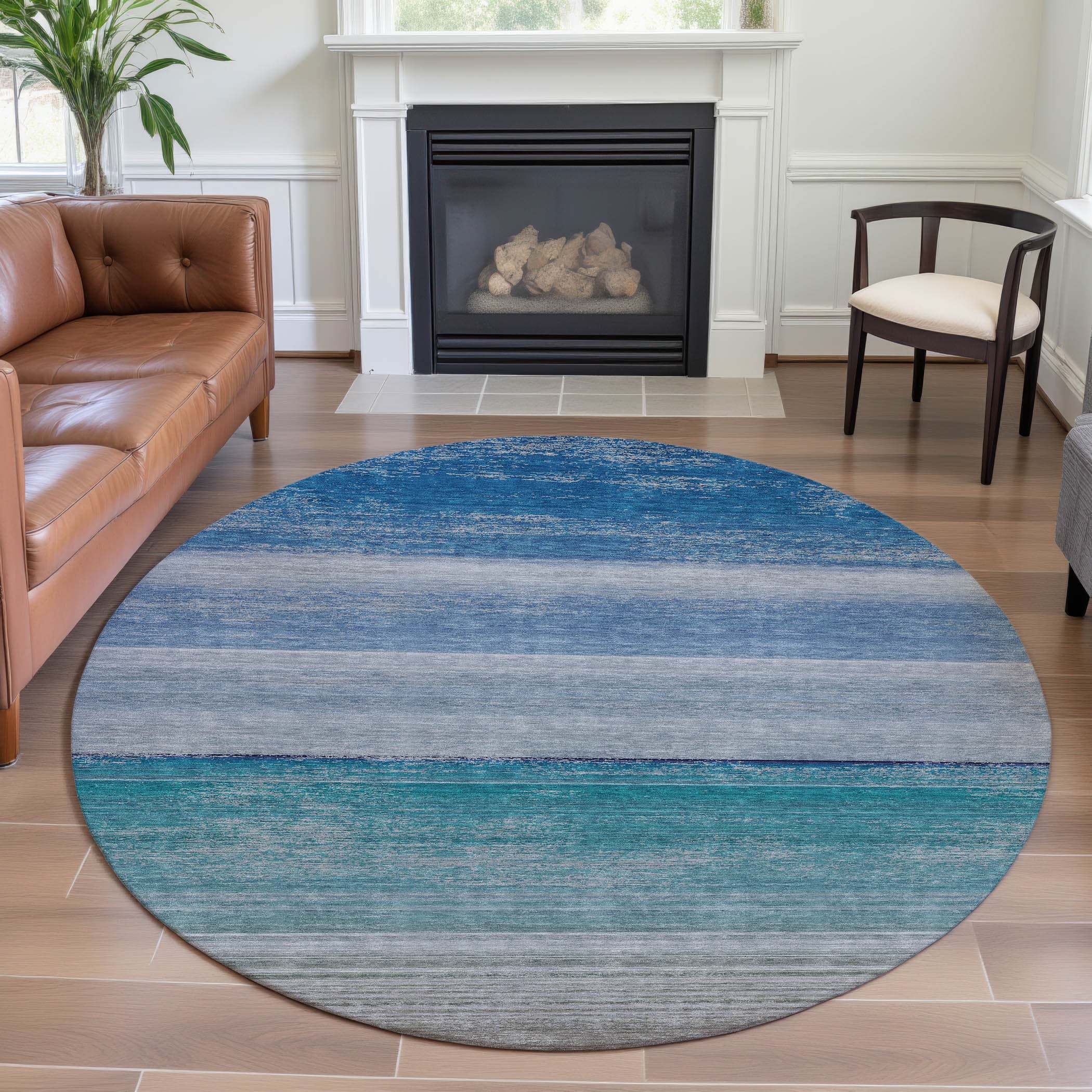 Istanbul Machine Washable Transitional Sky Blue Rug 8' x 8' #shape_Round