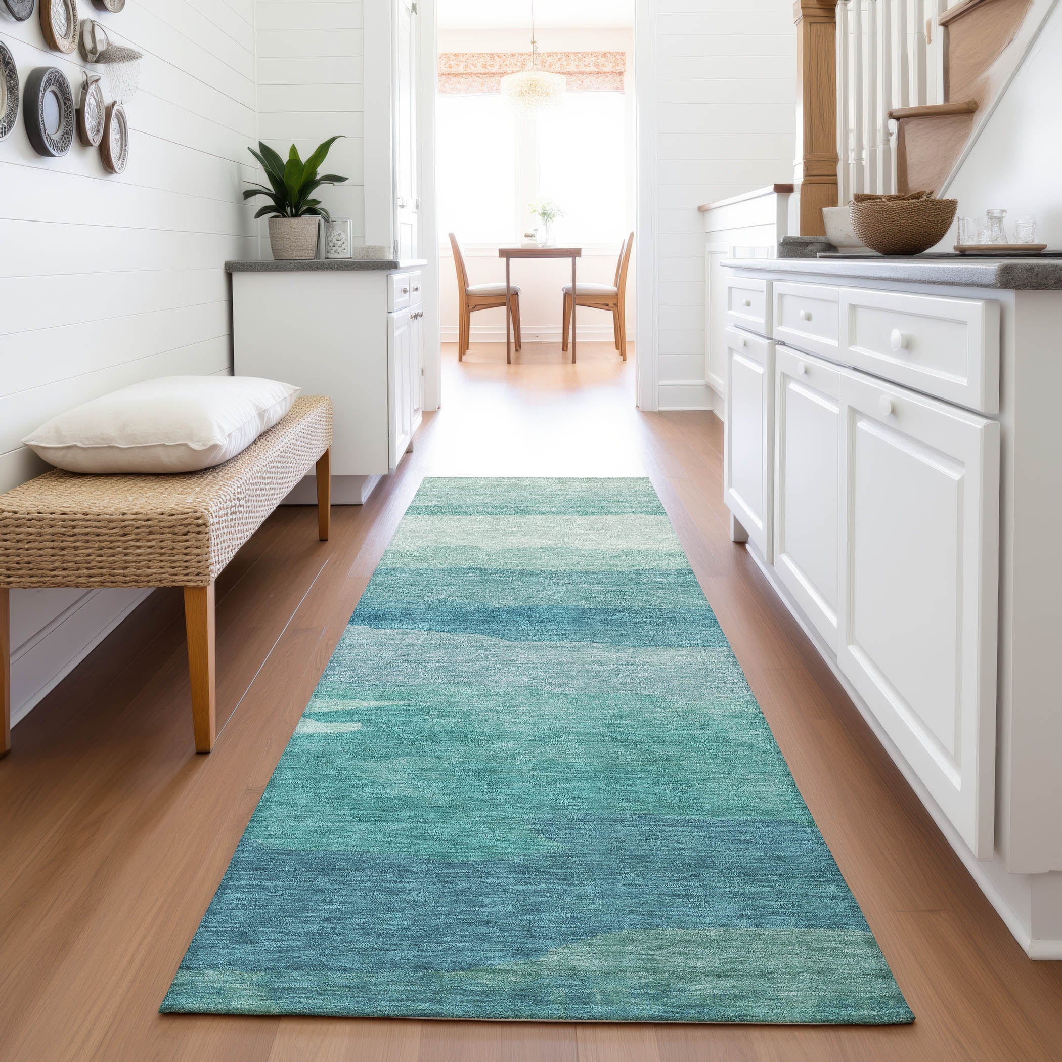 Bern Machine Washable Transitional Turquoise Teal Rug 2'3" x 7'6" #shape_Runner