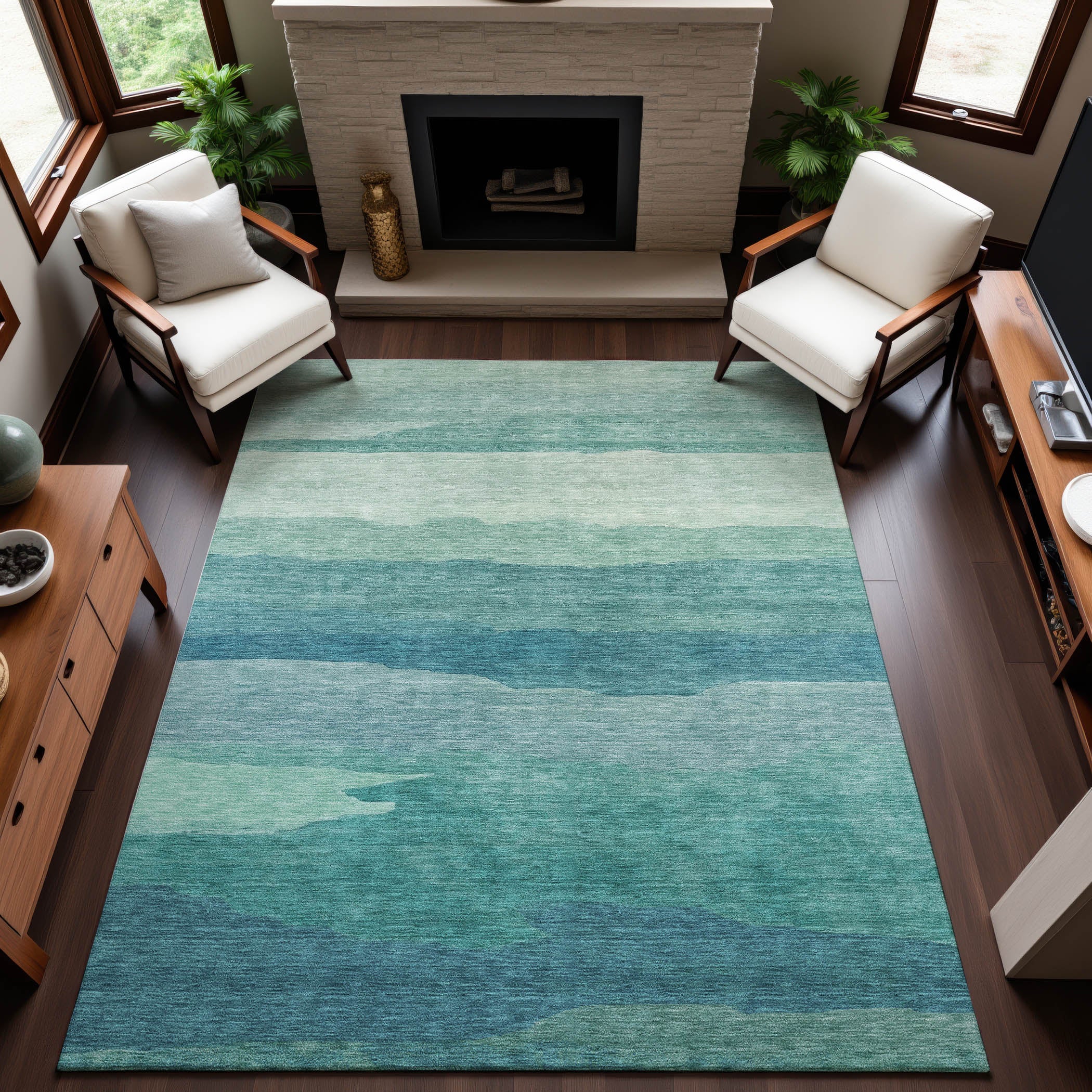 Bern Machine Washable Transitional Turquoise Teal Rug 2'6" x 3'10" #shape_Rectangle
