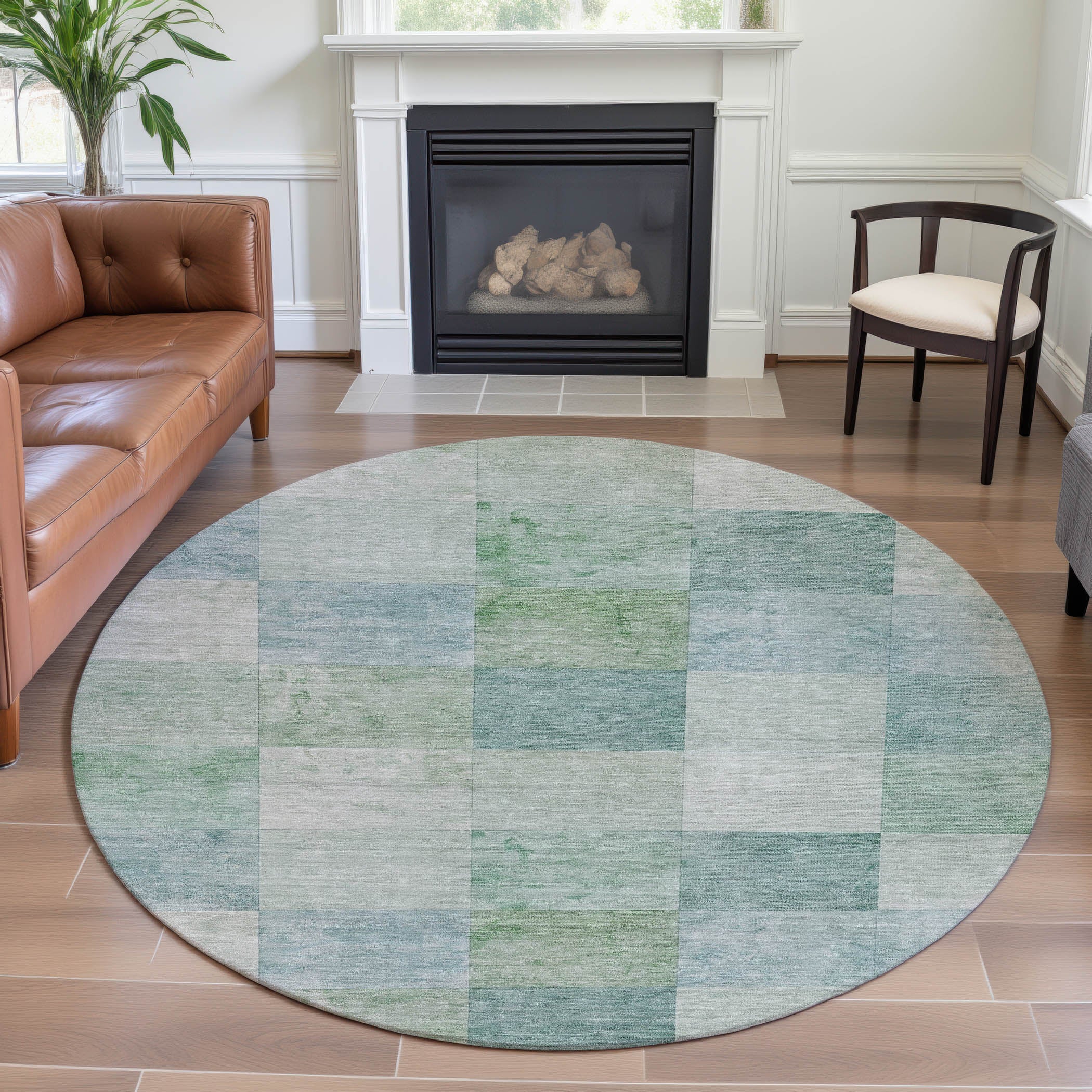 Siena Machine Washable Transitional Seafoam Blue Rug 8' x 8' #shape_Round
