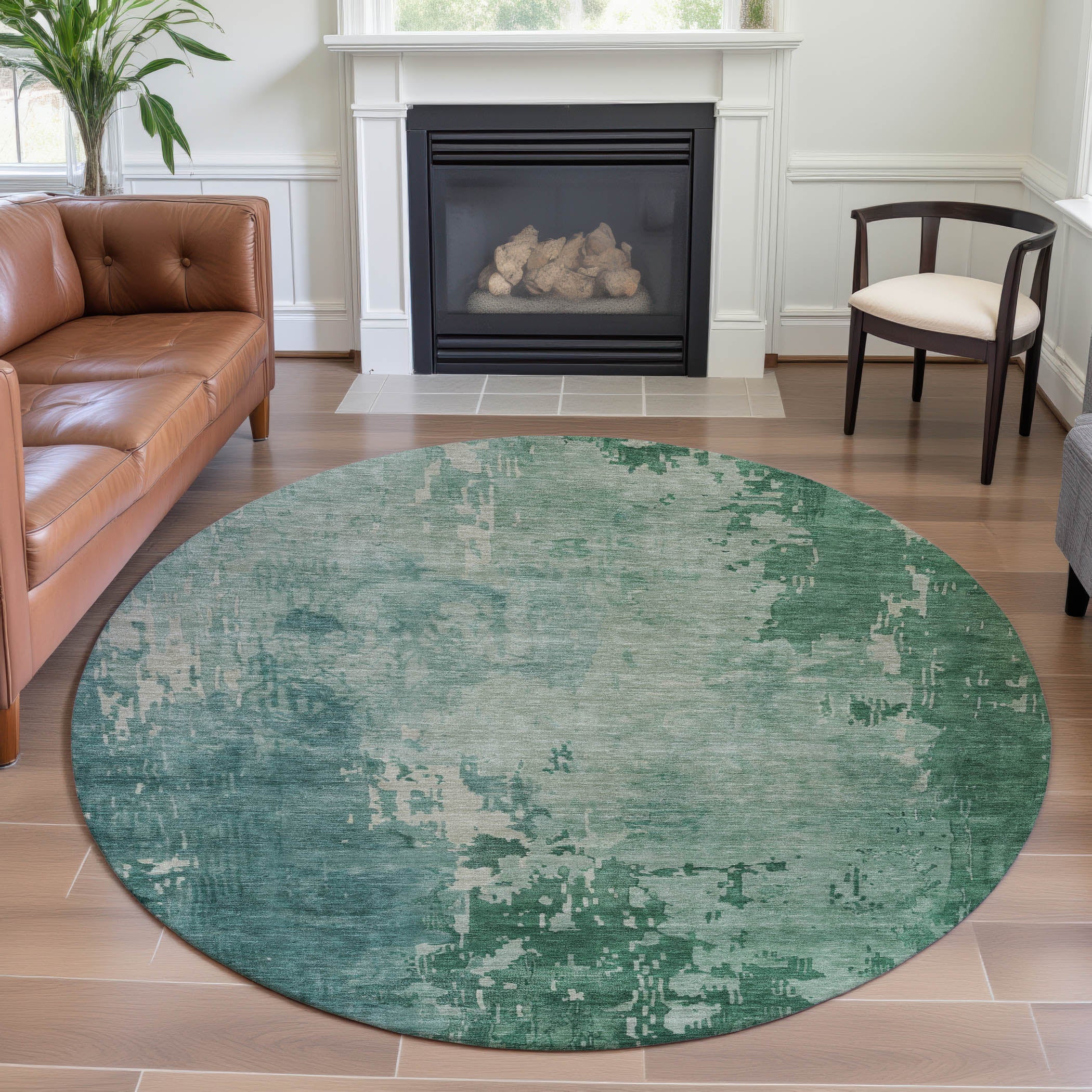 Salzburg Machine Washable Transitional Emerald Green Rug 8' x 8' #shape_Round
