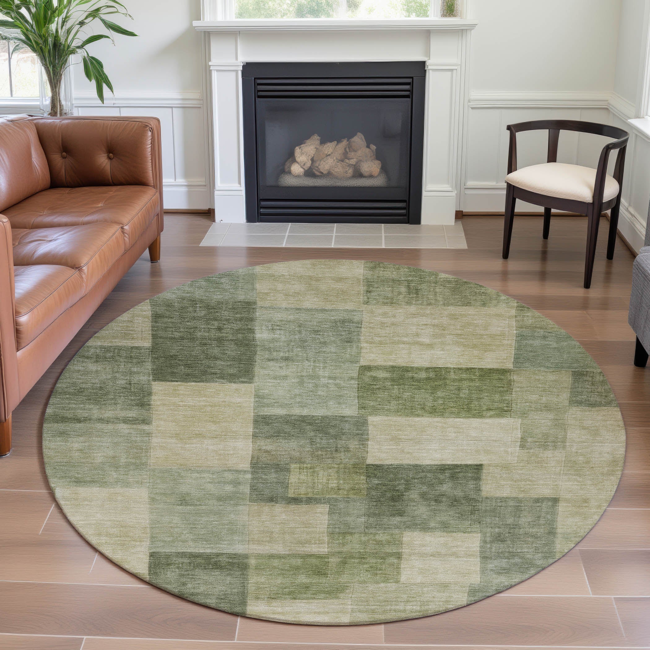 Kyoto Machine Washable Transitional Aloe Green Rug 8' x 8' #shape_Round