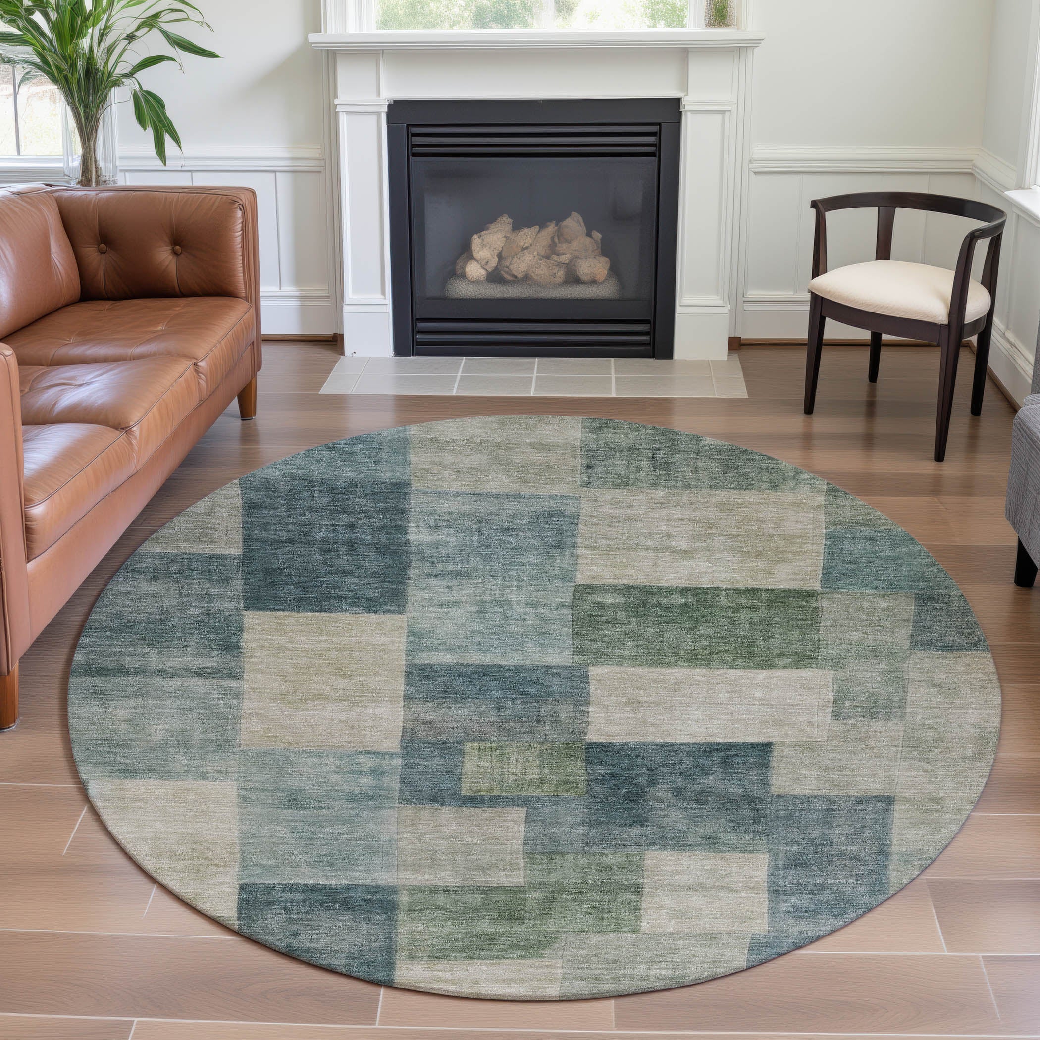 Kyoto Machine Washable Transitional Seafoam Blue Rug 8' x 8' #shape_Round