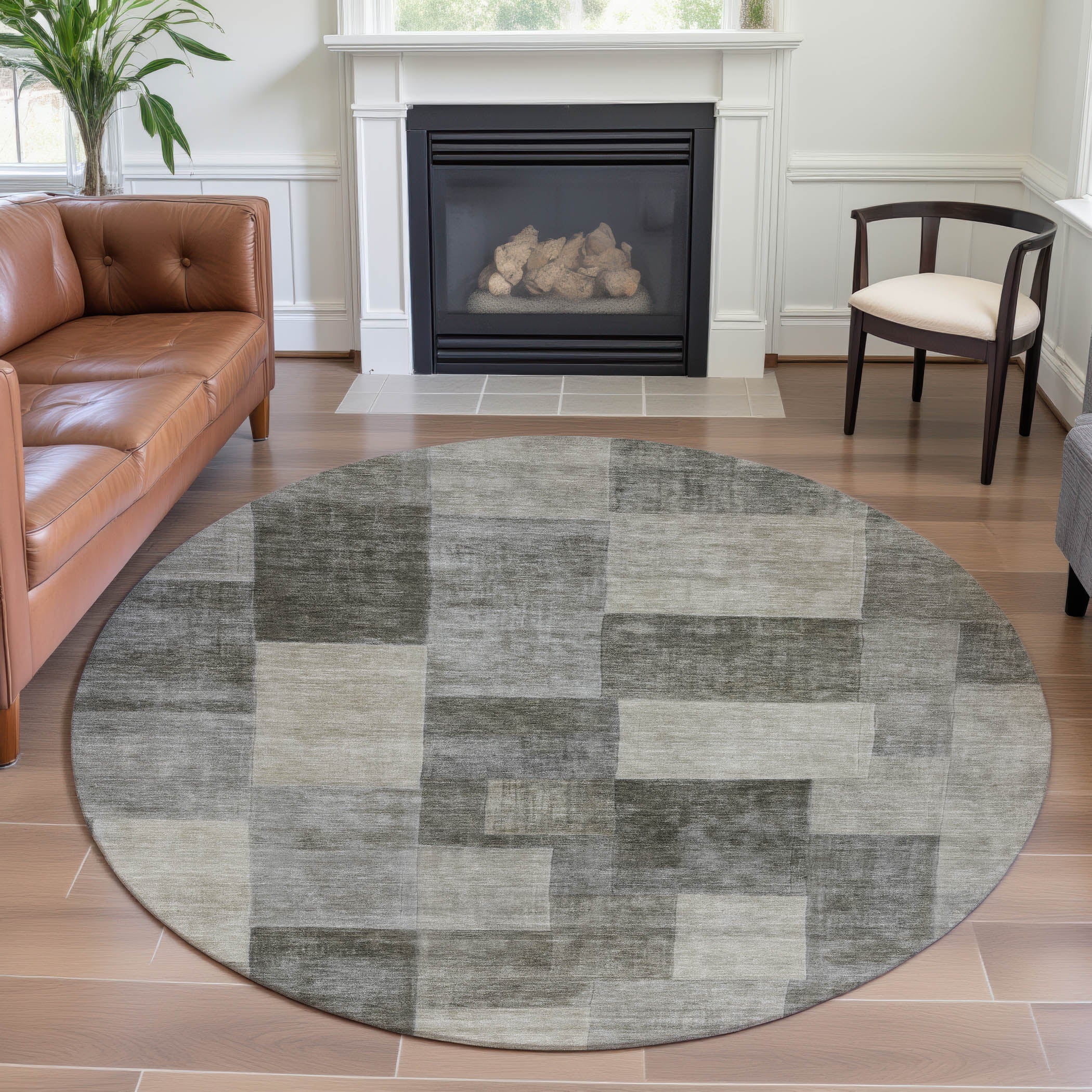 Kyoto Machine Washable Transitional Taupe Brown Rug 8' x 8' #shape_Round