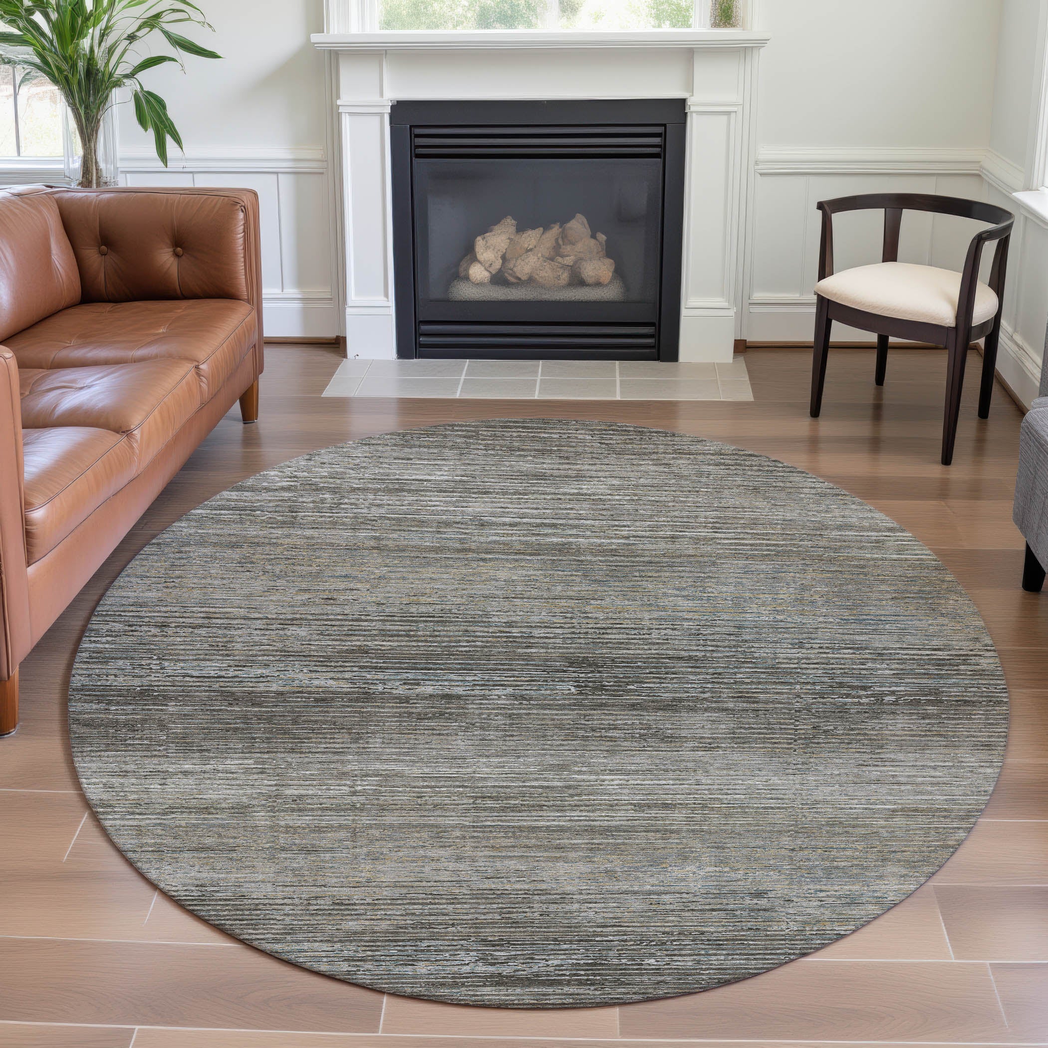 Dublin Machine Washable Transitional Taupe Brown Rug 8' x 8' #shape_Round