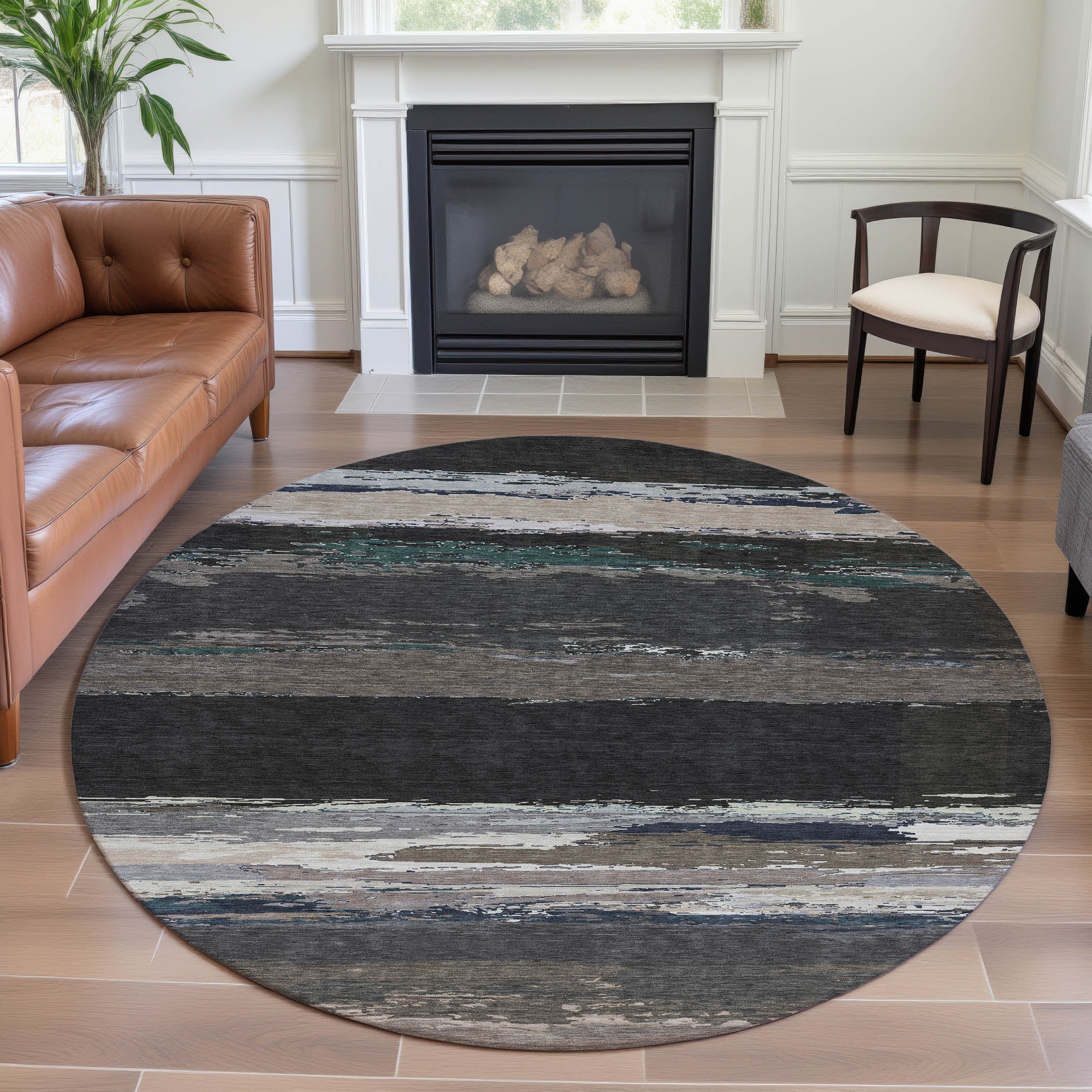 Montevideo Machine Washable Transitional Black Rug 8' x 8' #shape_Round