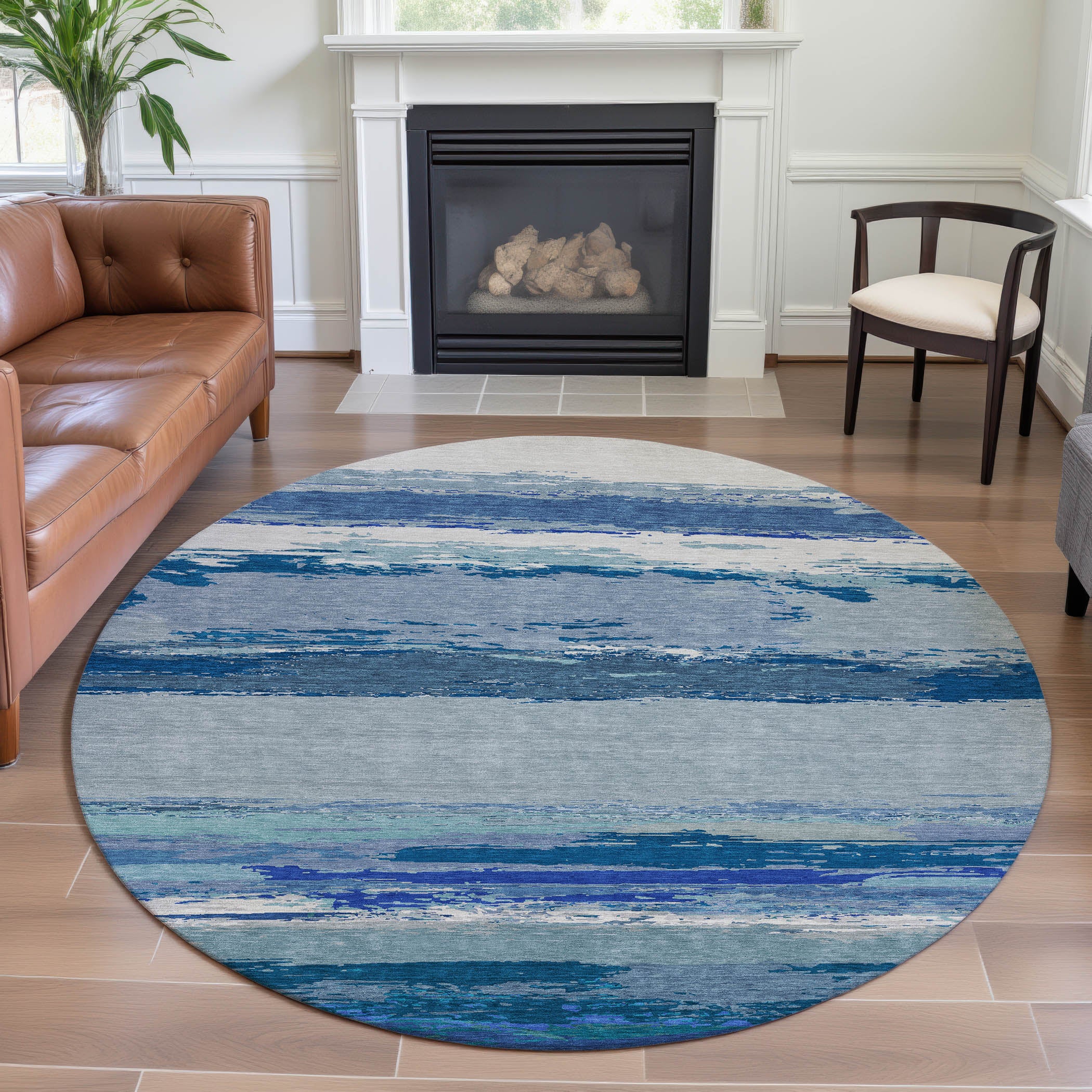 Montevideo Machine Washable Transitional Blue Rug 8' x 8' #shape_Round
