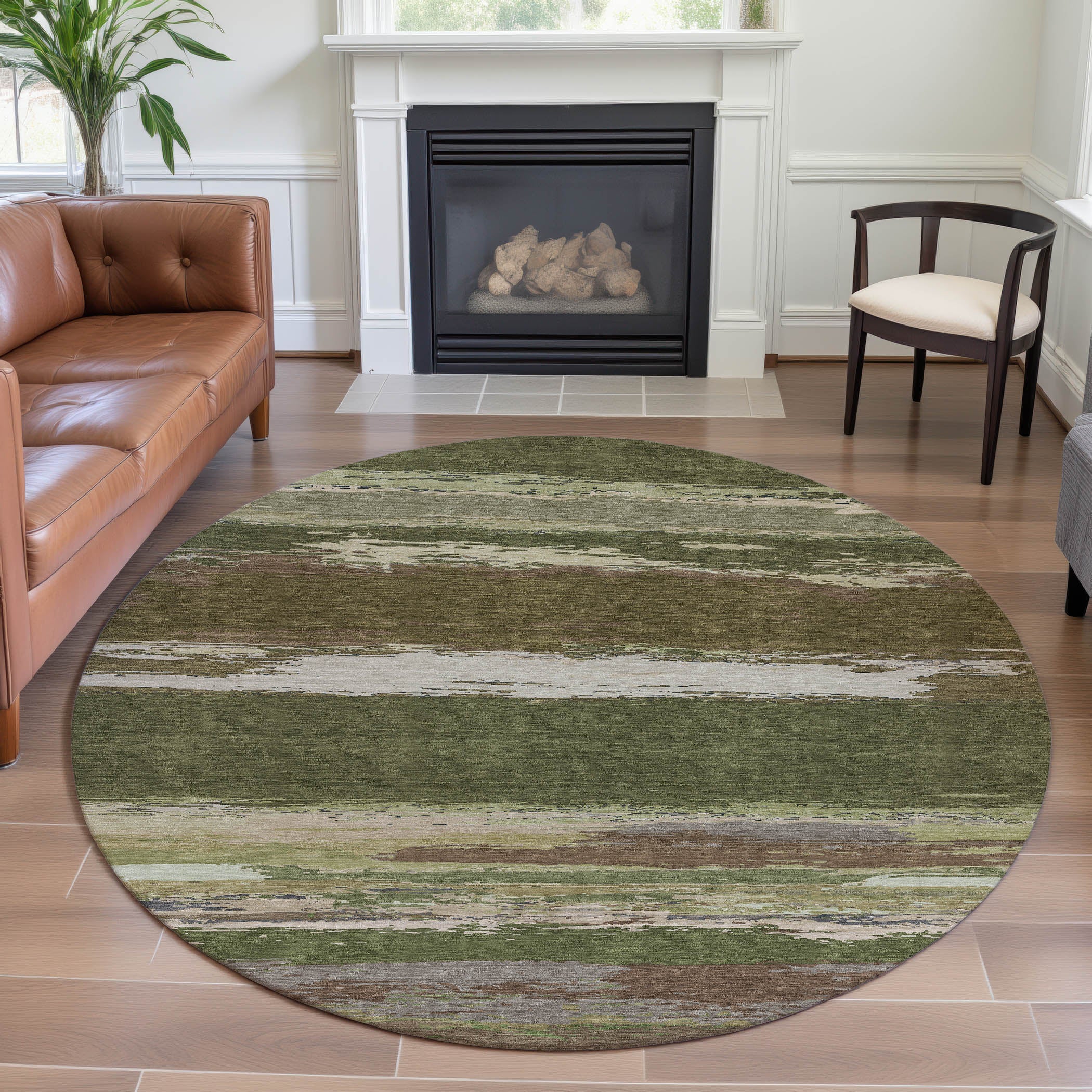 Montevideo Machine Washable Transitional Olive Green Rug 8' x 8' #shape_Round