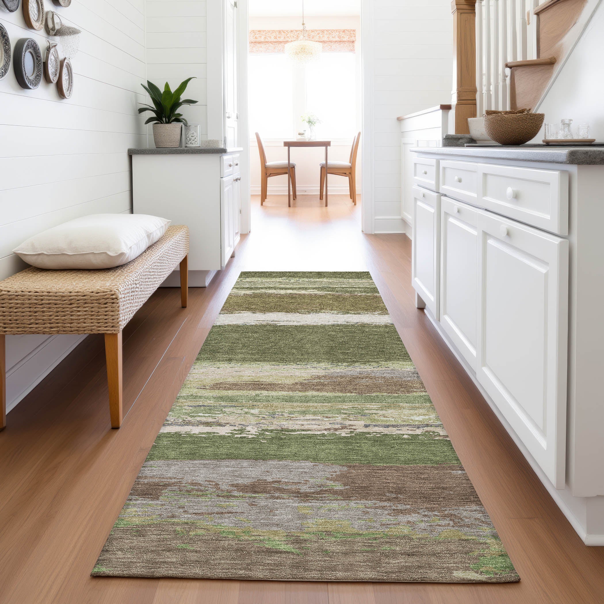 Montevideo Machine Washable Transitional Olive Green Rug 2'3" x 7'6" #shape_Runner