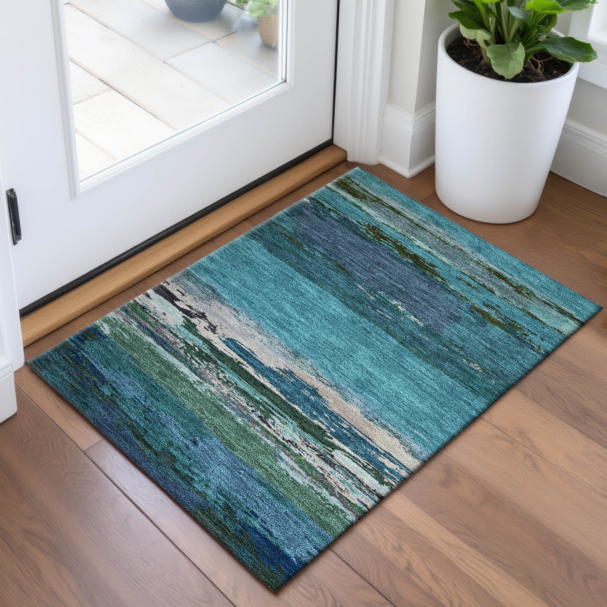 Montevideo Machine Washable Transitional Teal Rug 1'8" x 2'6" #shape_Rectangle