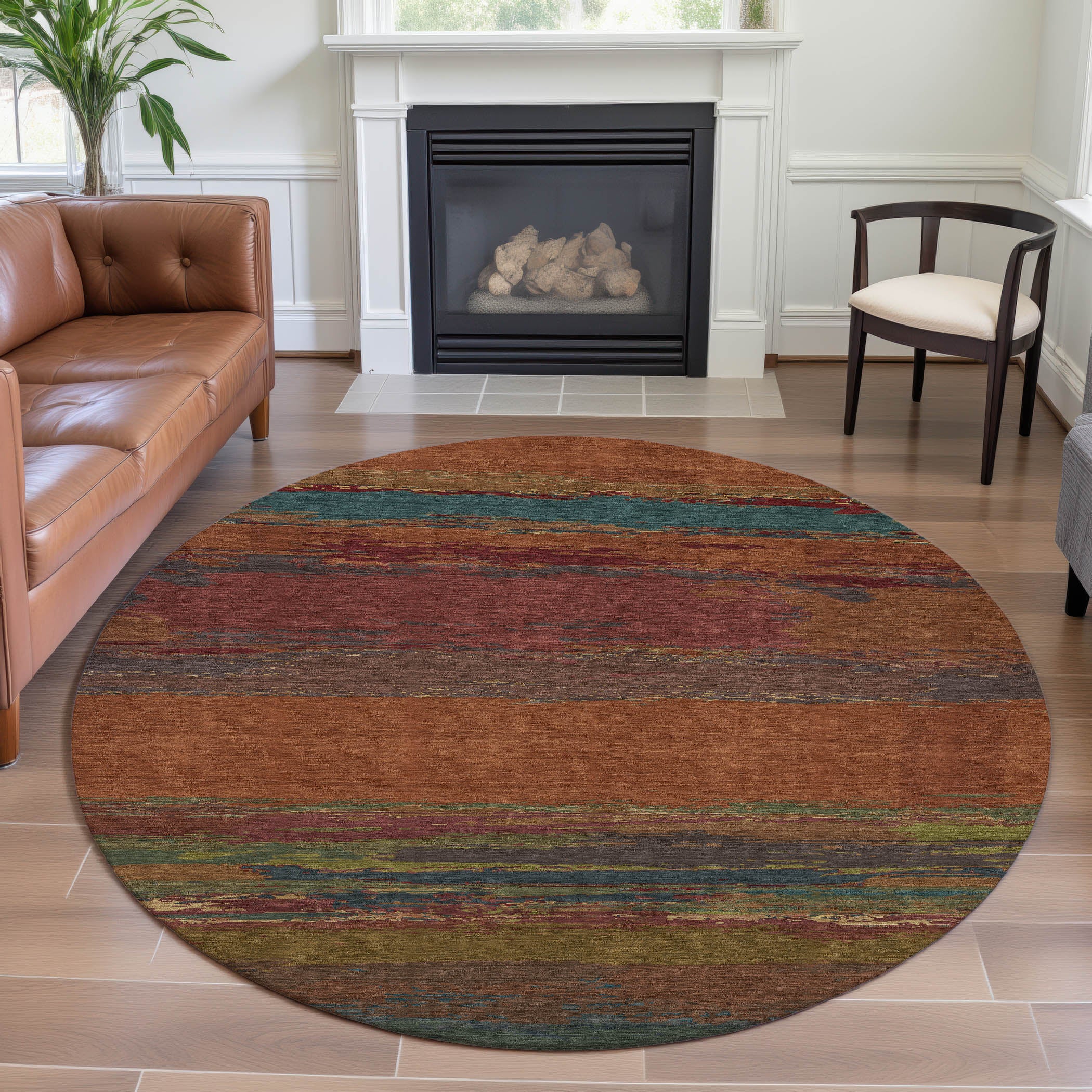 Montevideo Machine Washable Transitional Terracotta Orange Rug 8' x 8' #shape_Round