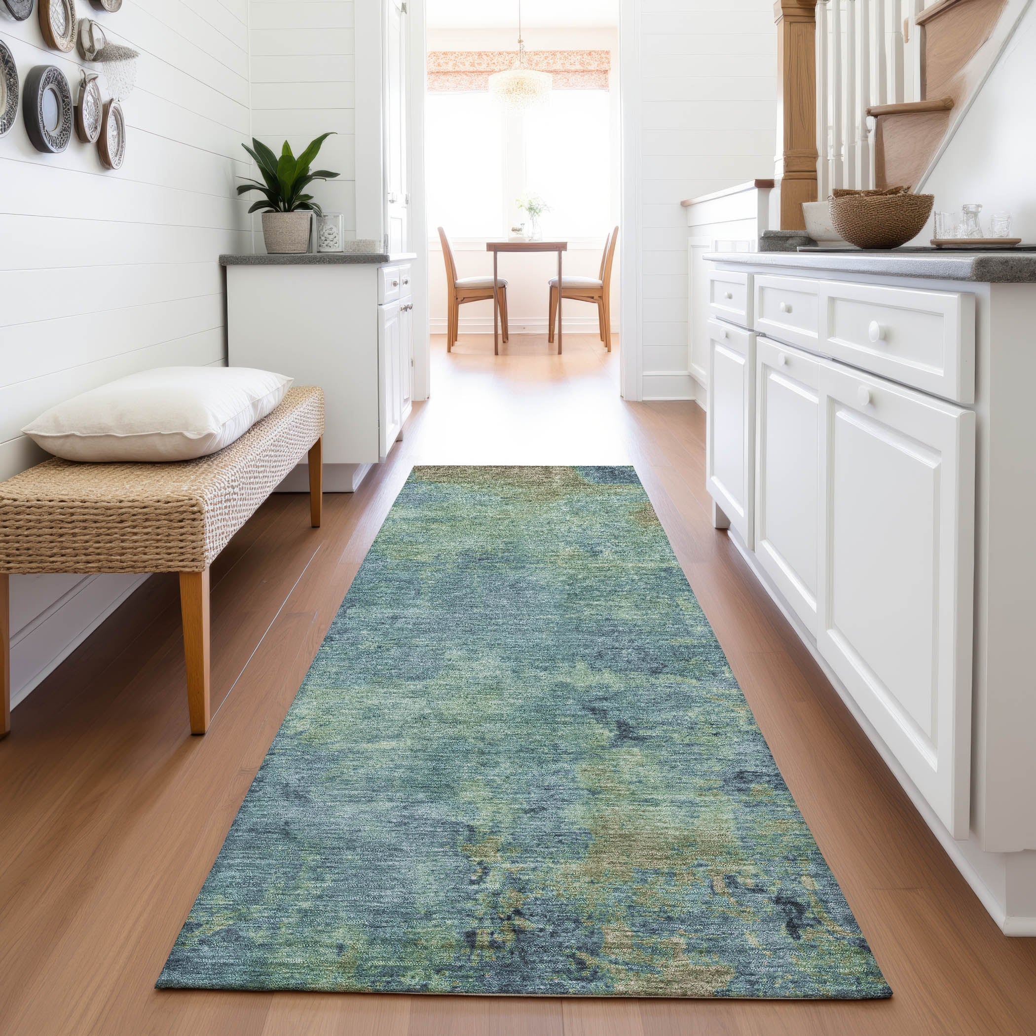 Queenstown Machine Washable Transitional Blue Rug 2'3" x 7'6" #shape_Runner