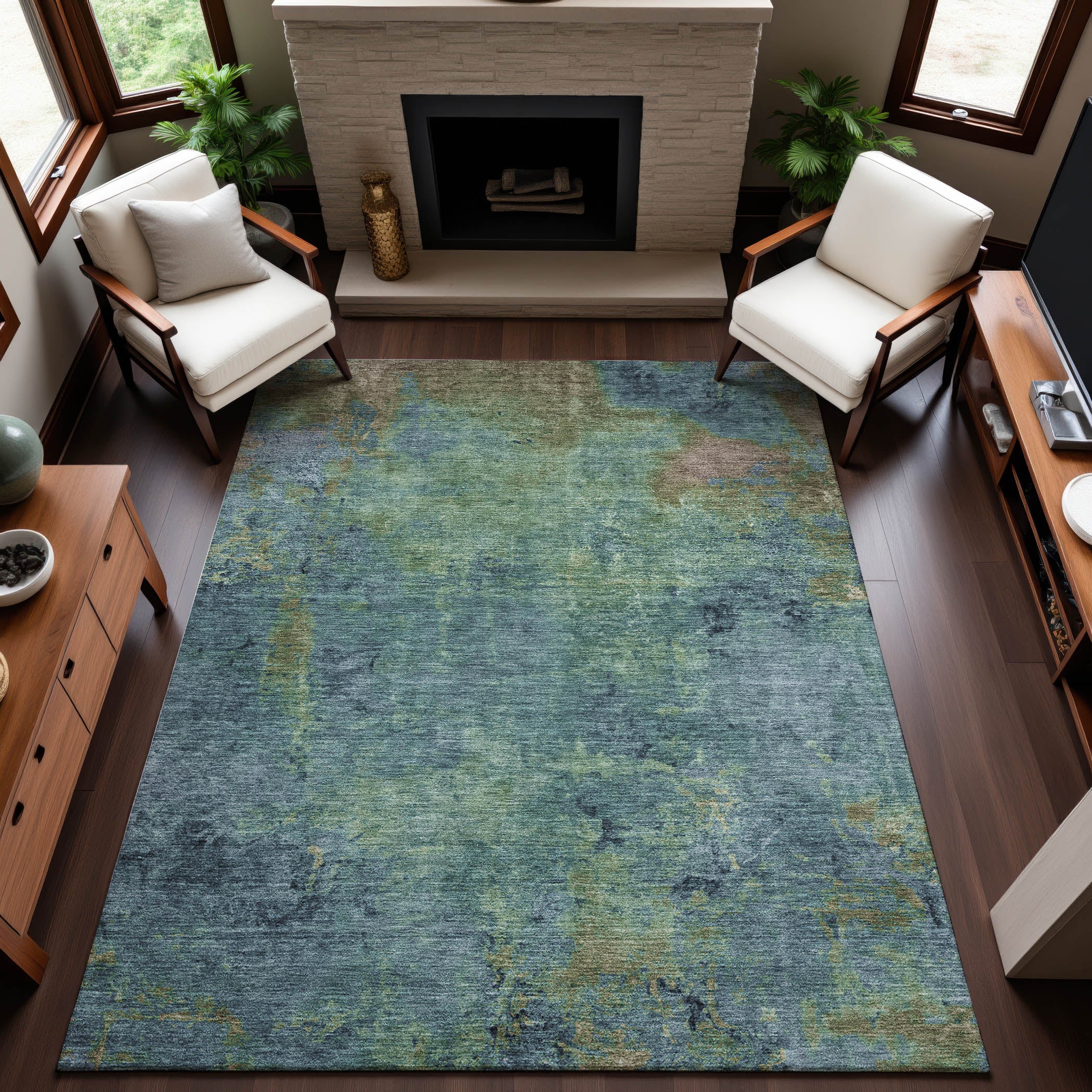 Queenstown Machine Washable Transitional Blue Rug 2'6" x 3'10" #shape_Rectangle